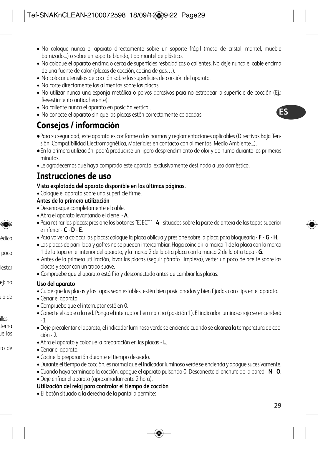 Tefal SW377112 manual Consejos / información, Instrucciones de uso, Tef-SNAKnCLEAN-2100072598 18/09/12 0922 Page29 