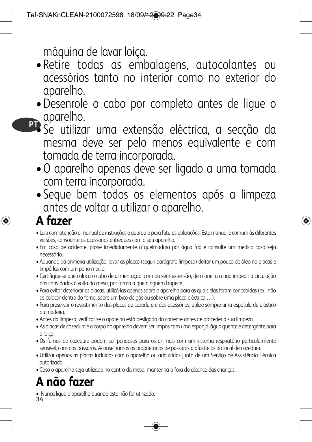 Tefal SW377112 manual Fazer, Não fazer, Tef-SNAKnCLEAN-2100072598 18/09/12 0922 Page34 