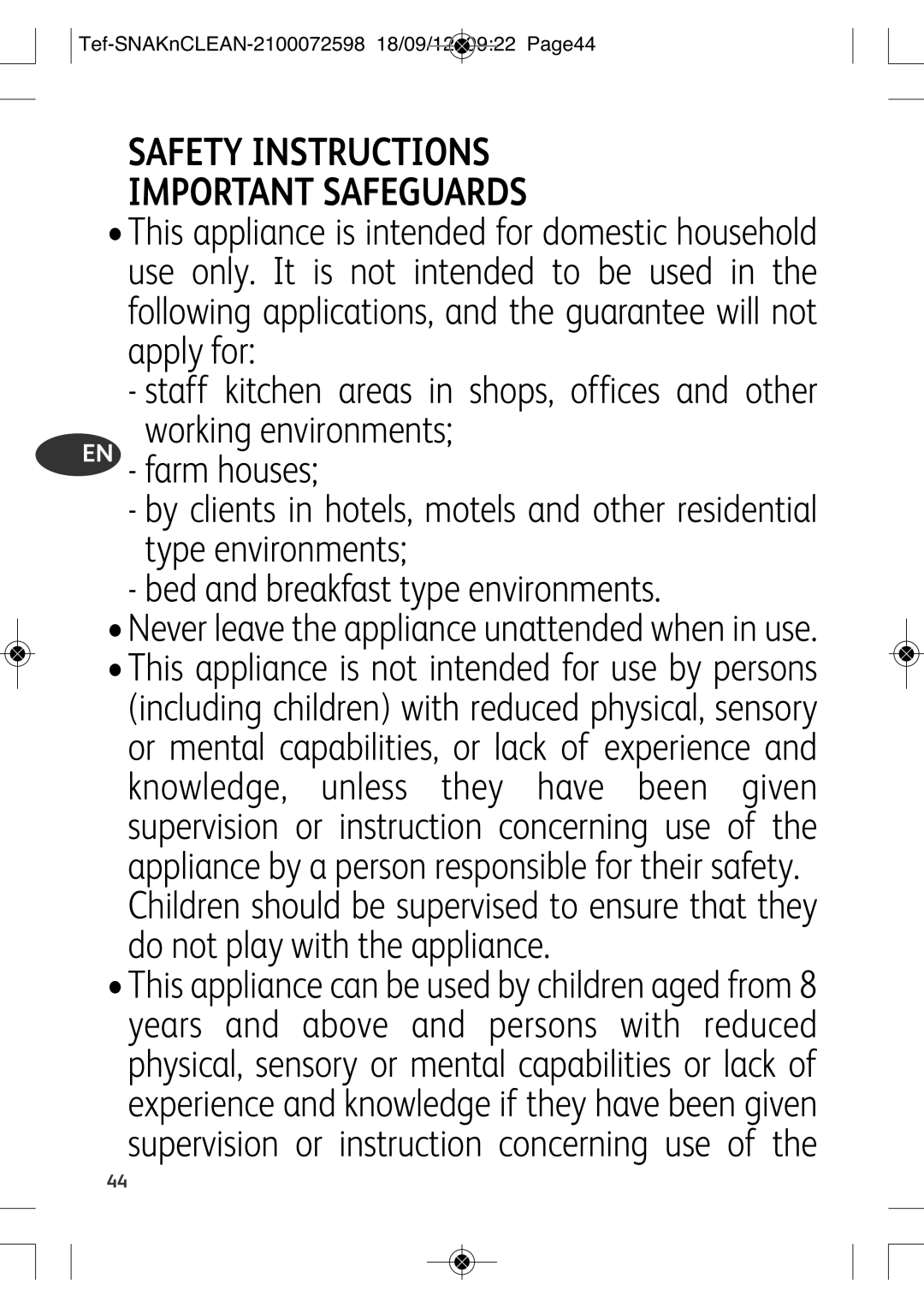 Tefal SW377112 manual Safety Instructions Important Safeguards, Tef-SNAKnCLEAN-2100072598 18/09/12 0922 Page44 