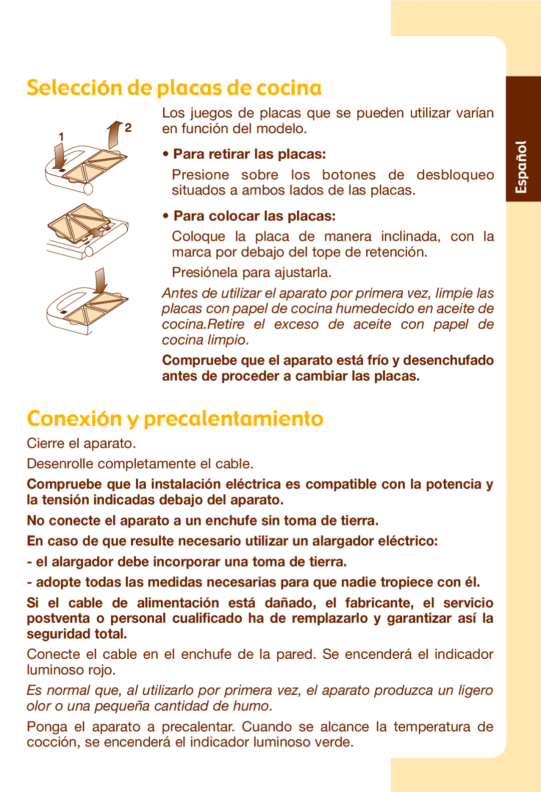 Tefal SW602063, SW602062, SW602032 manual Selección de placas de cocina, Conexión y precalentamiento, Para retirar las placas 