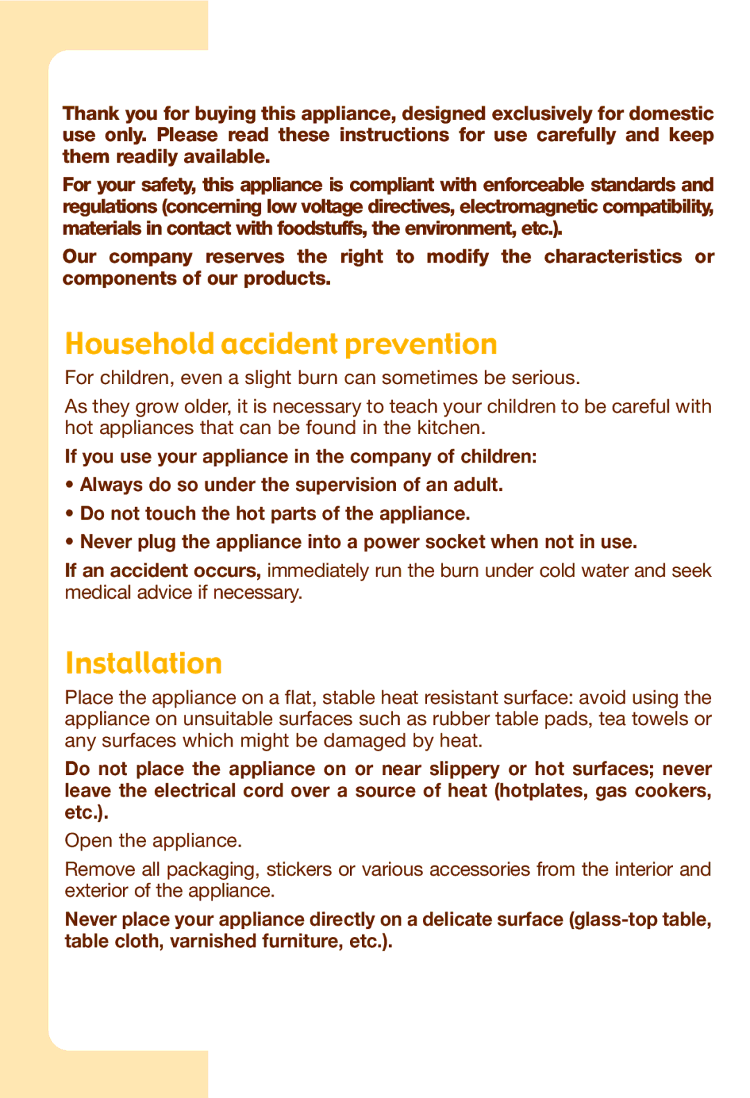 Tefal SW602062, SW602032, SW602033, SW602063, SW602082 manual Household accident prevention, Installation 