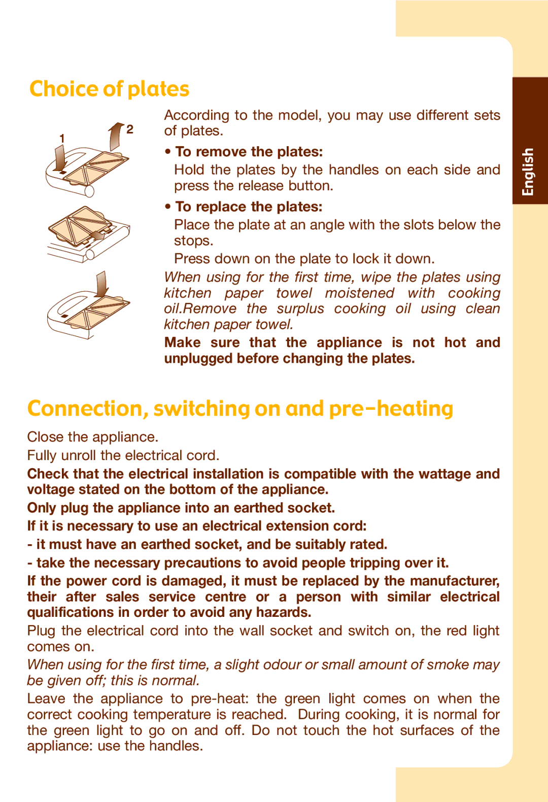 Tefal SW602032, SW602062, SW602033 Choice of plates, Connection, switching on and pre-heating, Plates, To remove the plates 