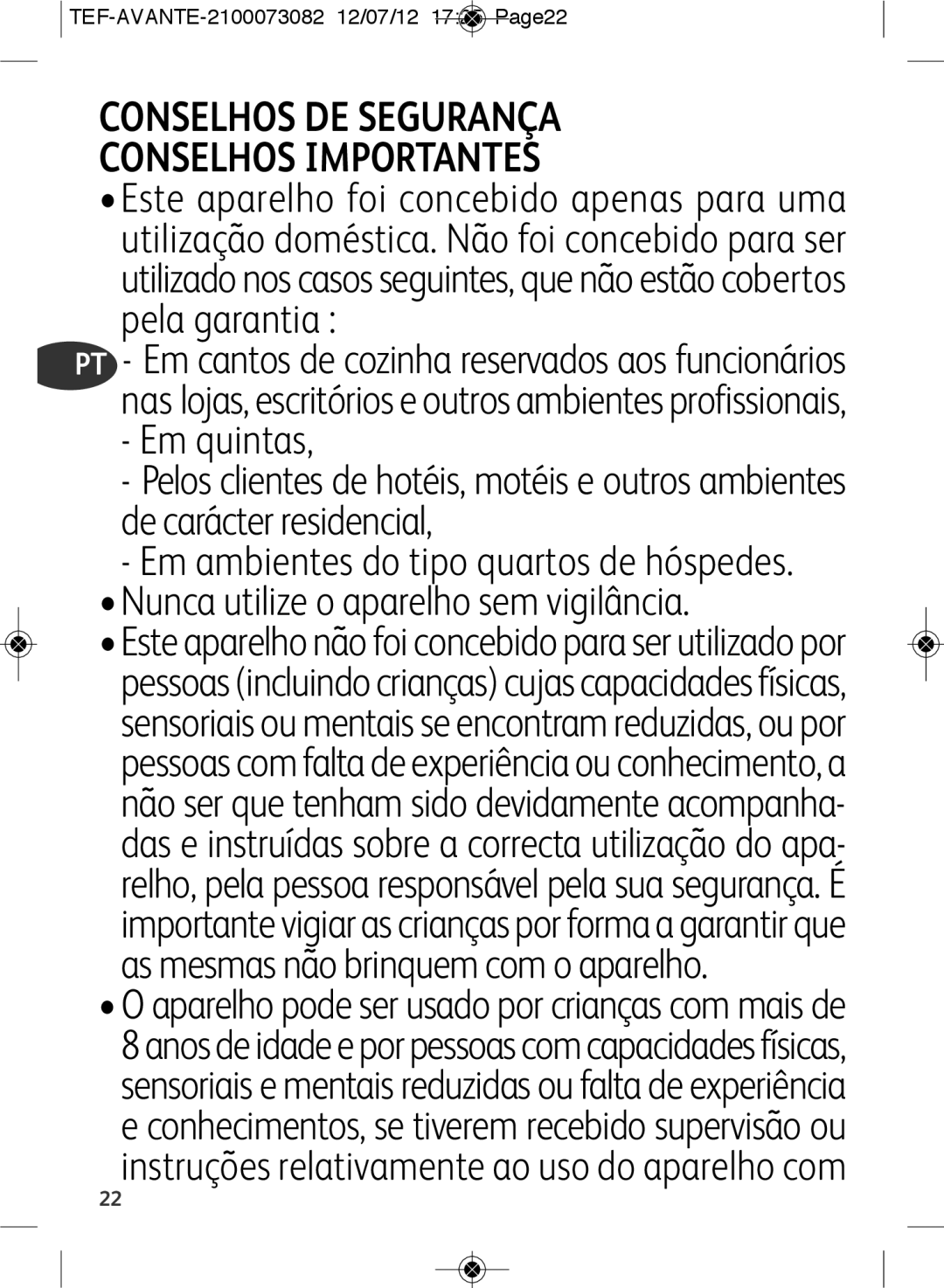 Tefal SW605833, SW605816 manual Conselhos DE Segurança Conselhos Importantes 