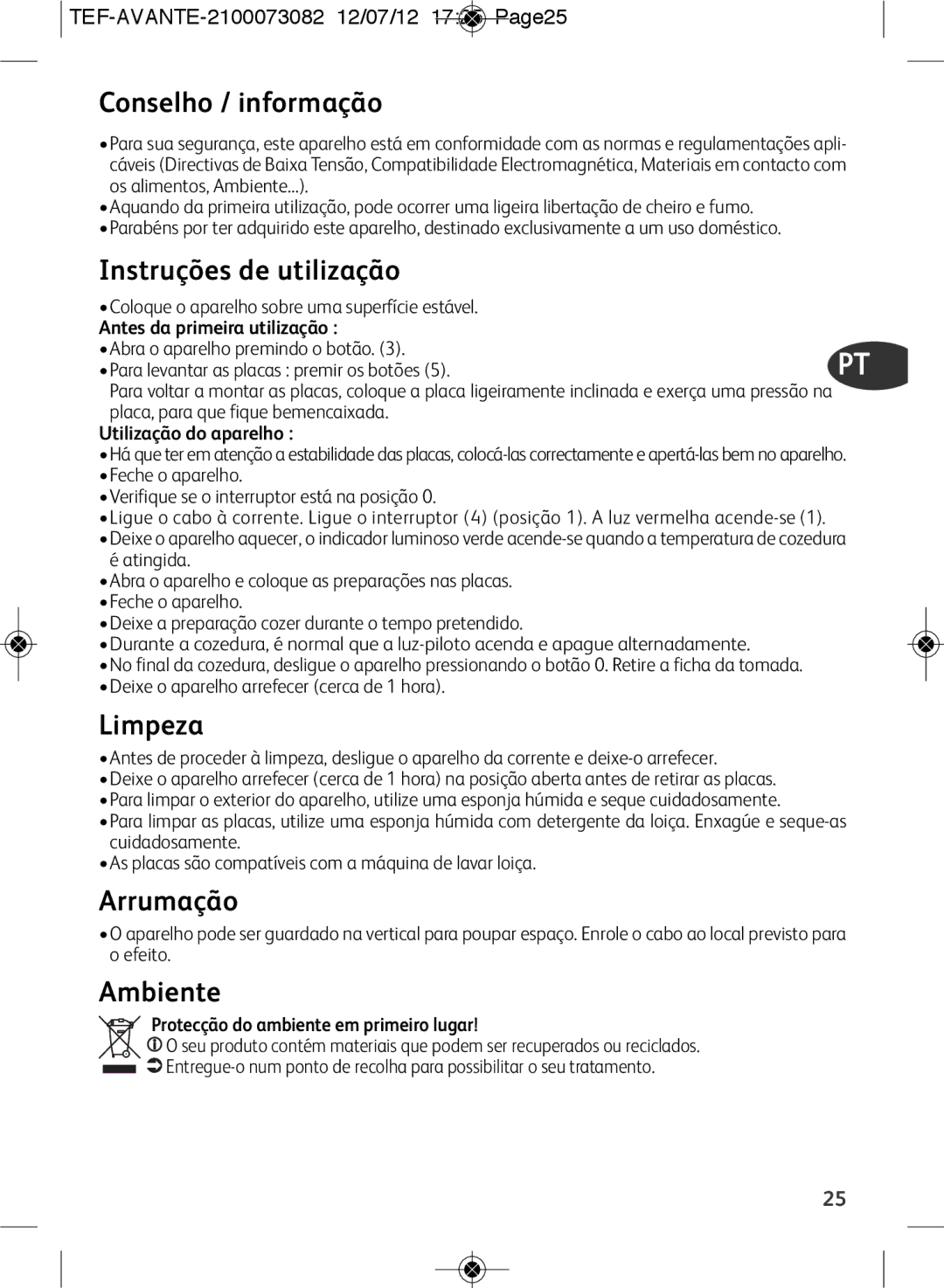 Tefal SW605816, SW605833 manual Conselho / informação 