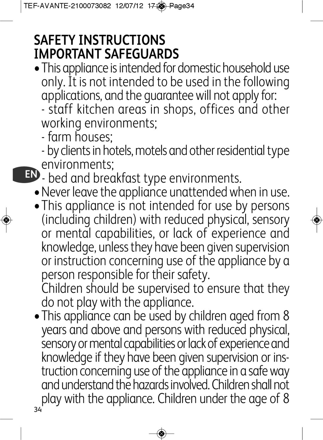 Tefal SW605833, SW605816 manual Safety Instructions Important Safeguards 