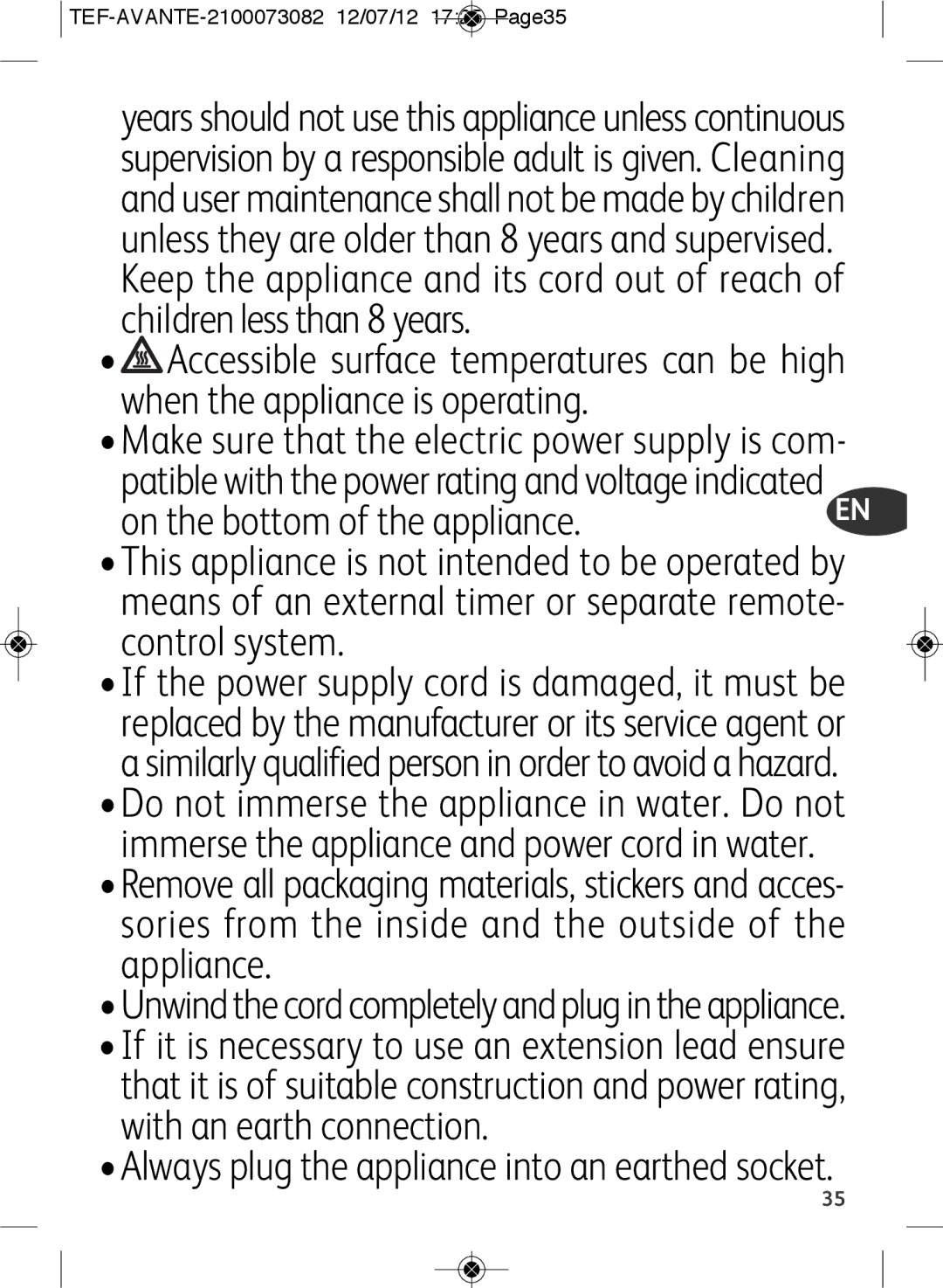 Tefal SW605816, SW605833 manual TEF-AVANTE-2100073082 12/07/12 1725 Page35 