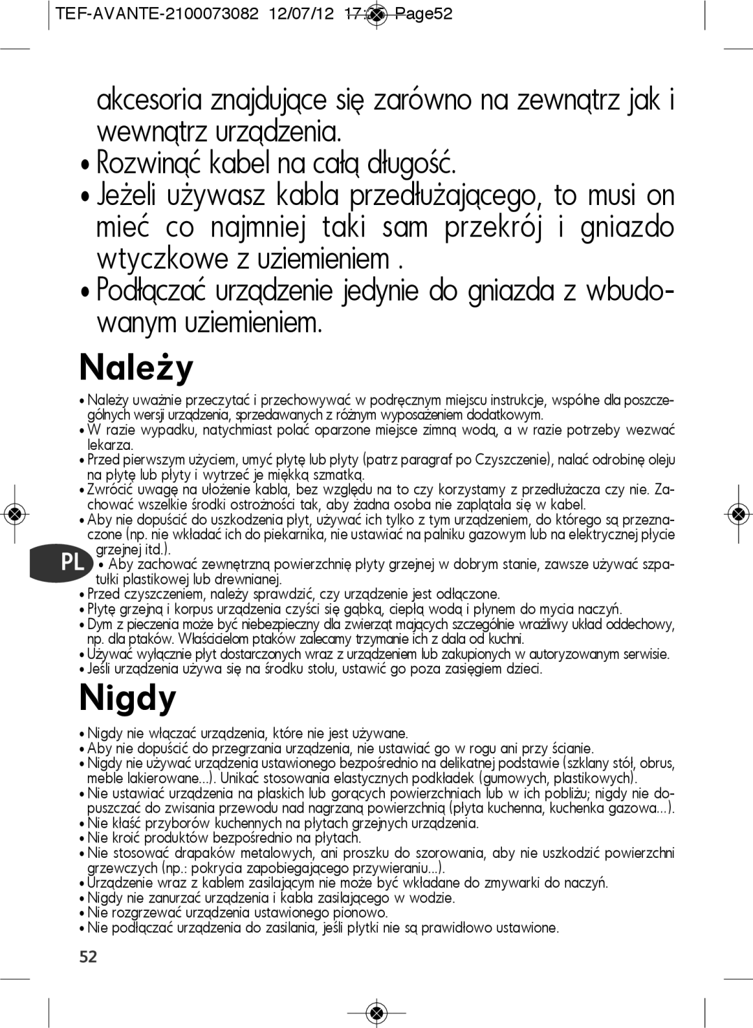 Tefal SW605833, SW605816 manual Należy 