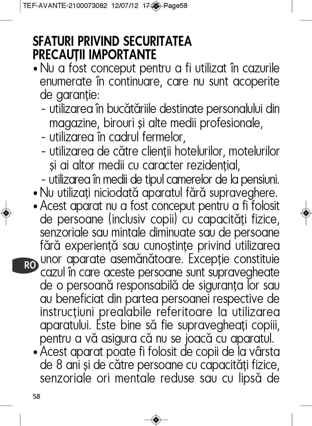 Tefal SW605833, SW605816 manual Sfaturi Privind Securitatea Precauţii Importante, Utilizarea în cadrul fermelor 