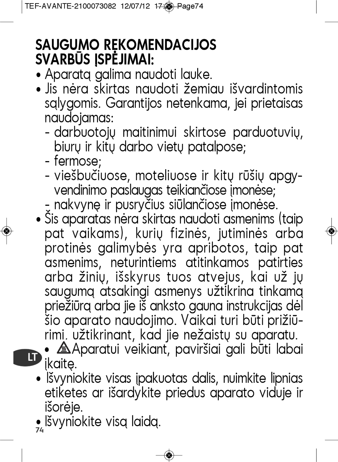 Tefal SW605833, SW605816 manual Saugumo Rekomendacijos Svarbūs Įspėjimai, Fermose, Nakvynę ir pusryčius siūlančiose įmonėse 