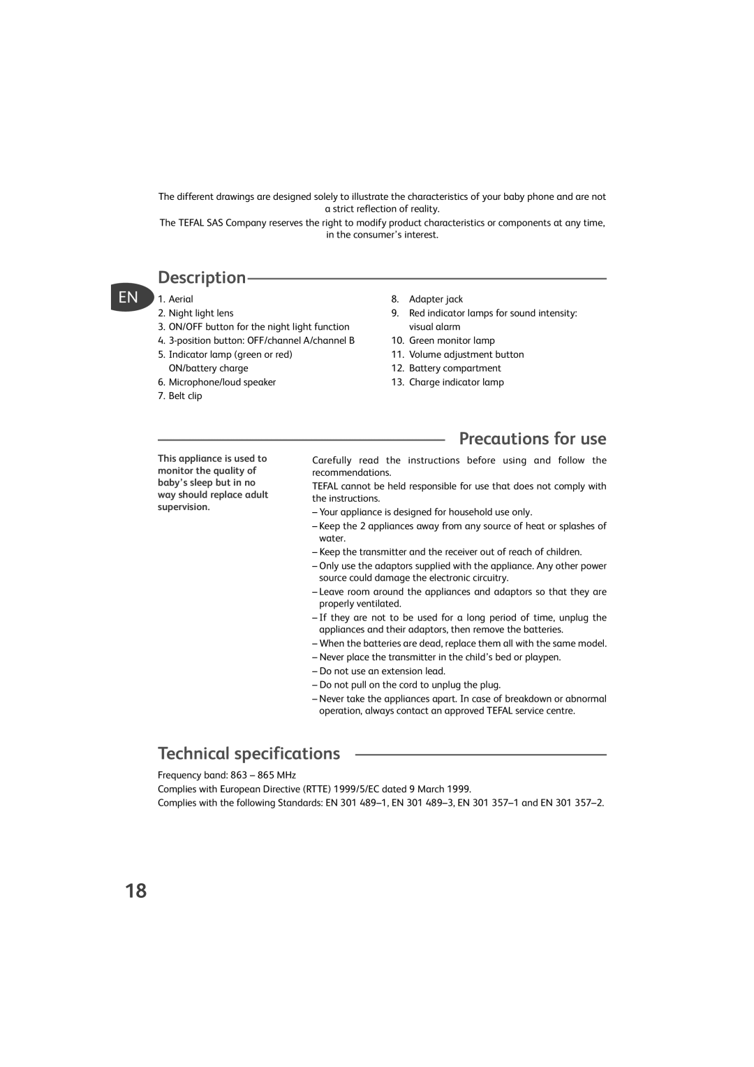 Tefal TD1000K0 manual Precautions for use, Technical specifications 