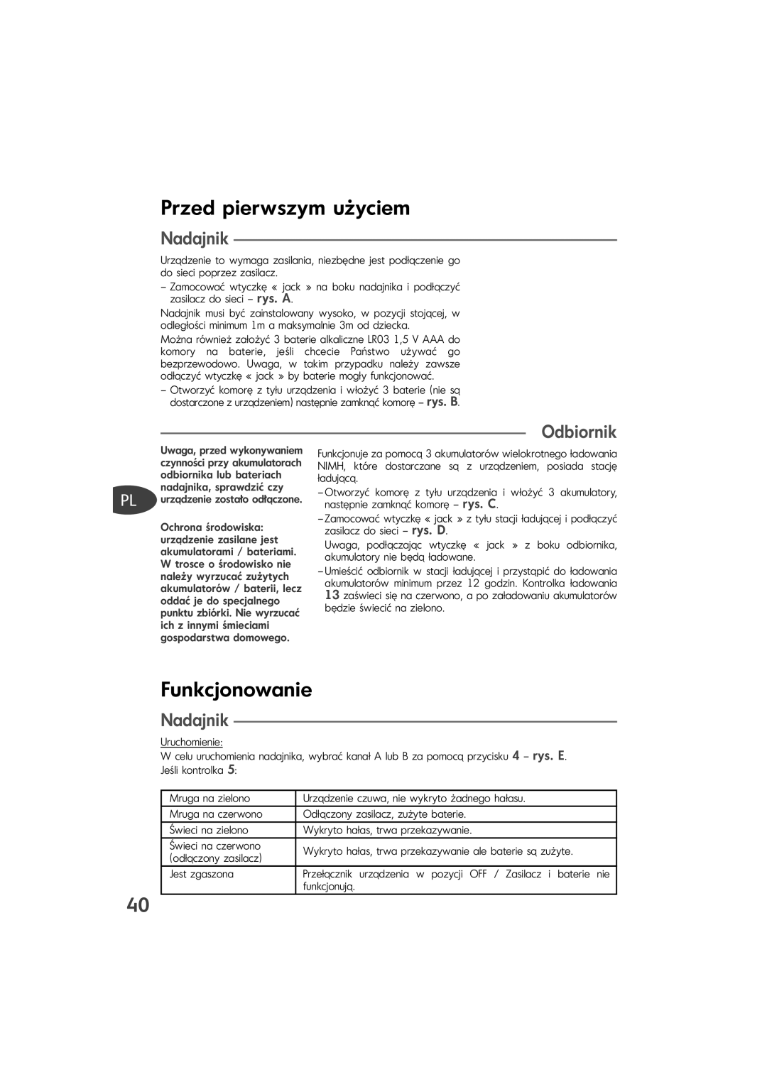 Tefal TD1000K0 manual Przed pierwszym użyciem, Funkcjonowanie, Nadajnik, Odbiornik 