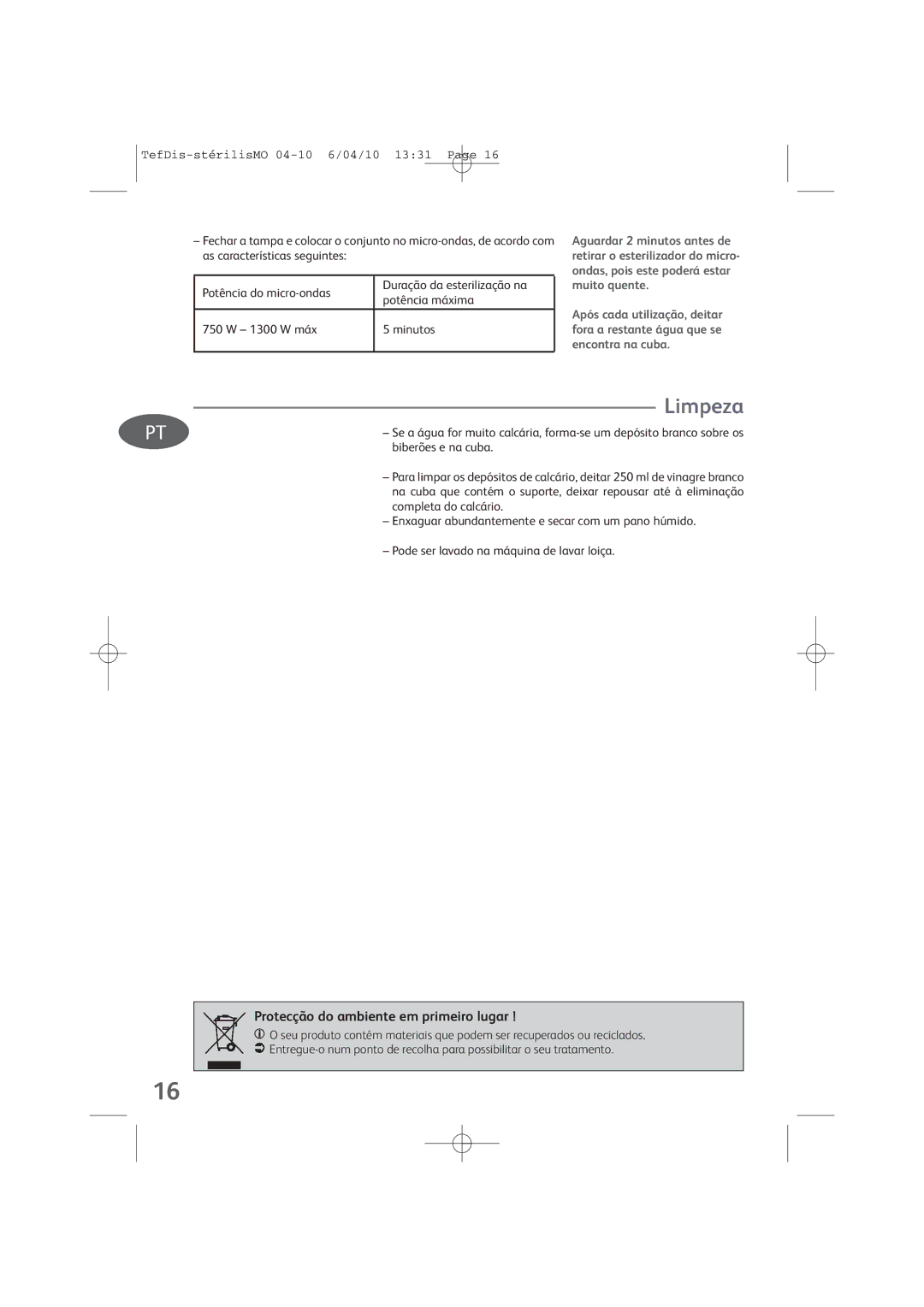 Tefal TD1300K0 manual Limpeza, Protecção do ambiente em primeiro lugar 