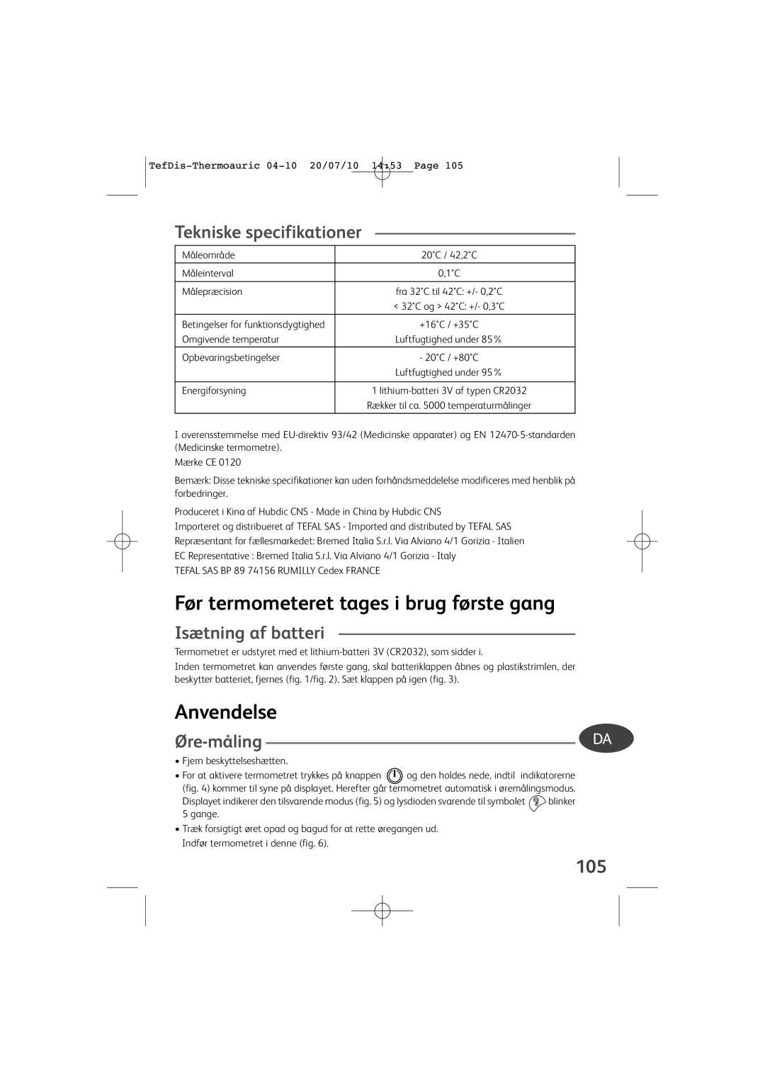 Tefal TD1400K0 manual Tekniske specifikationer, Isætning af batteri, Øre-måling, 105 