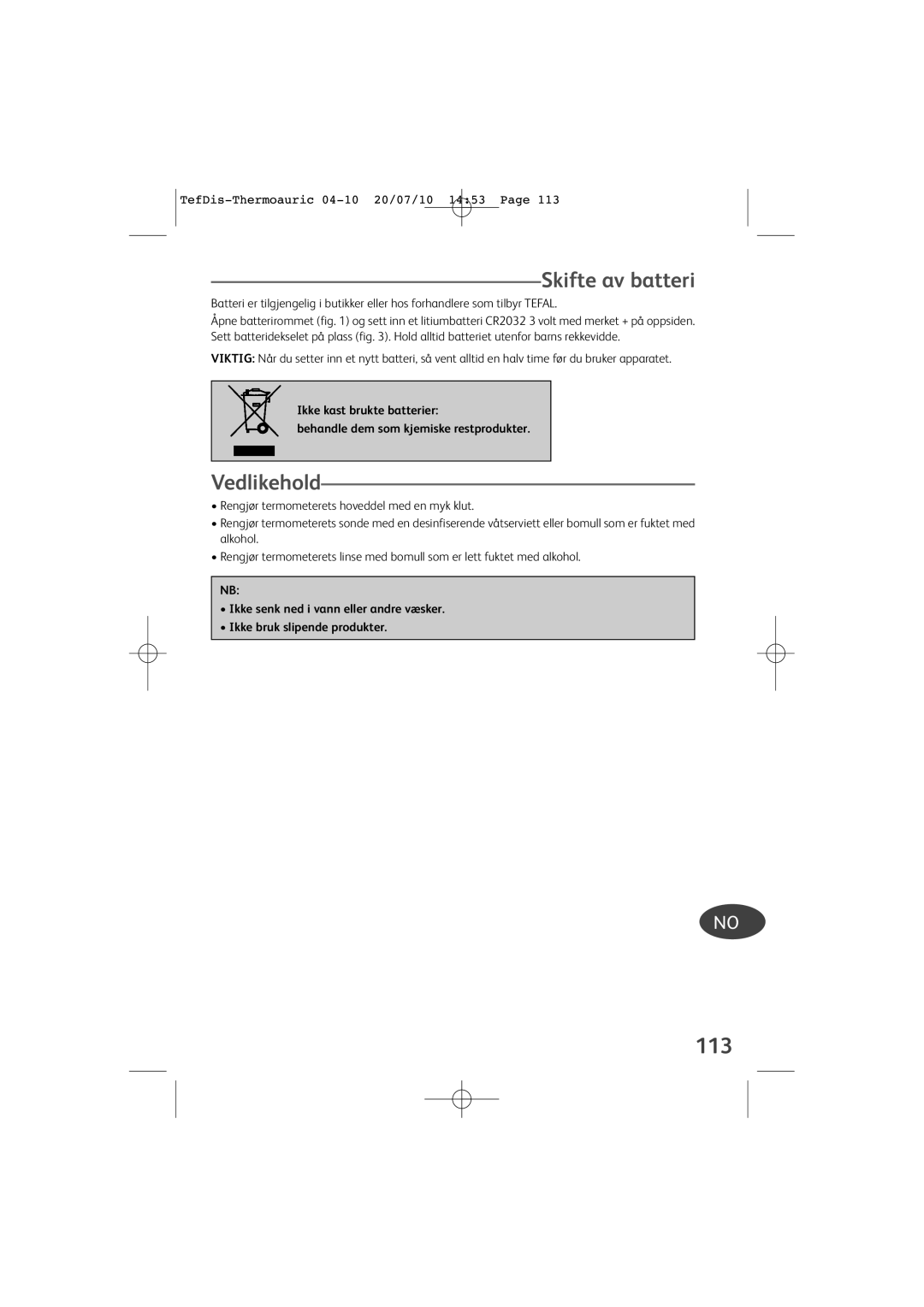 Tefal TD1400K0 manual Skifte av batteri, Vedlikehold, 113 