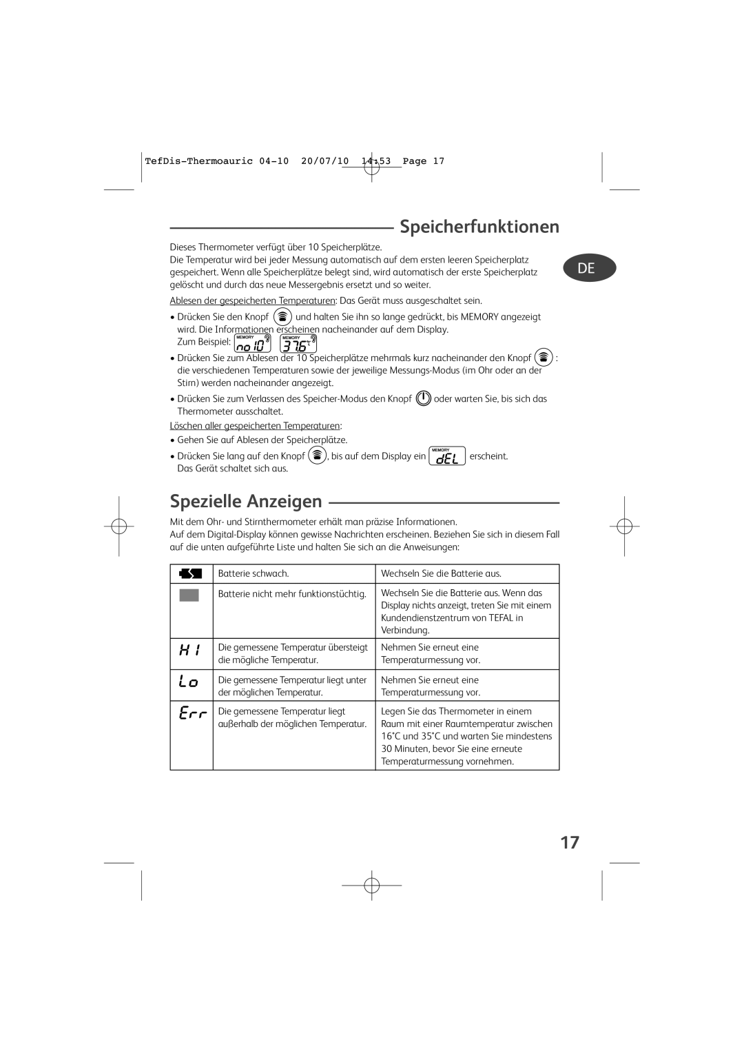 Tefal TD1400K0 manual Speicherfunktionen, Spezielle Anzeigen 