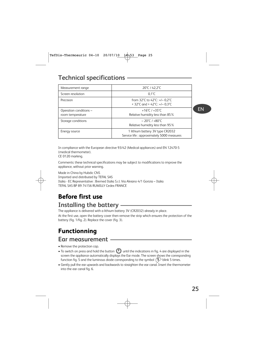 Tefal TD1400K0 manual Technical specifications, Installing the battery, Ear measurement 