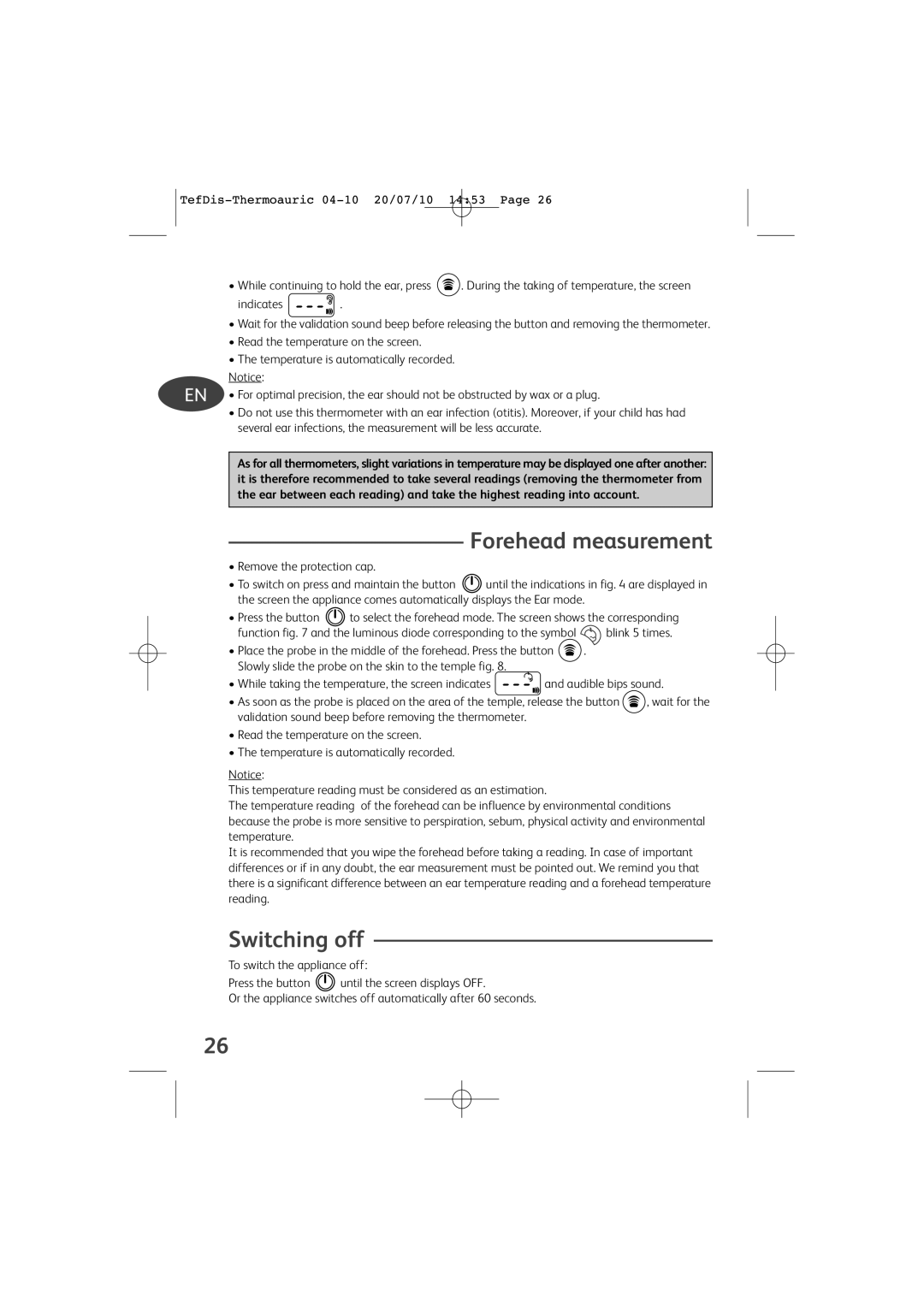 Tefal TD1400K0 manual Forehead measurement, Switching off 