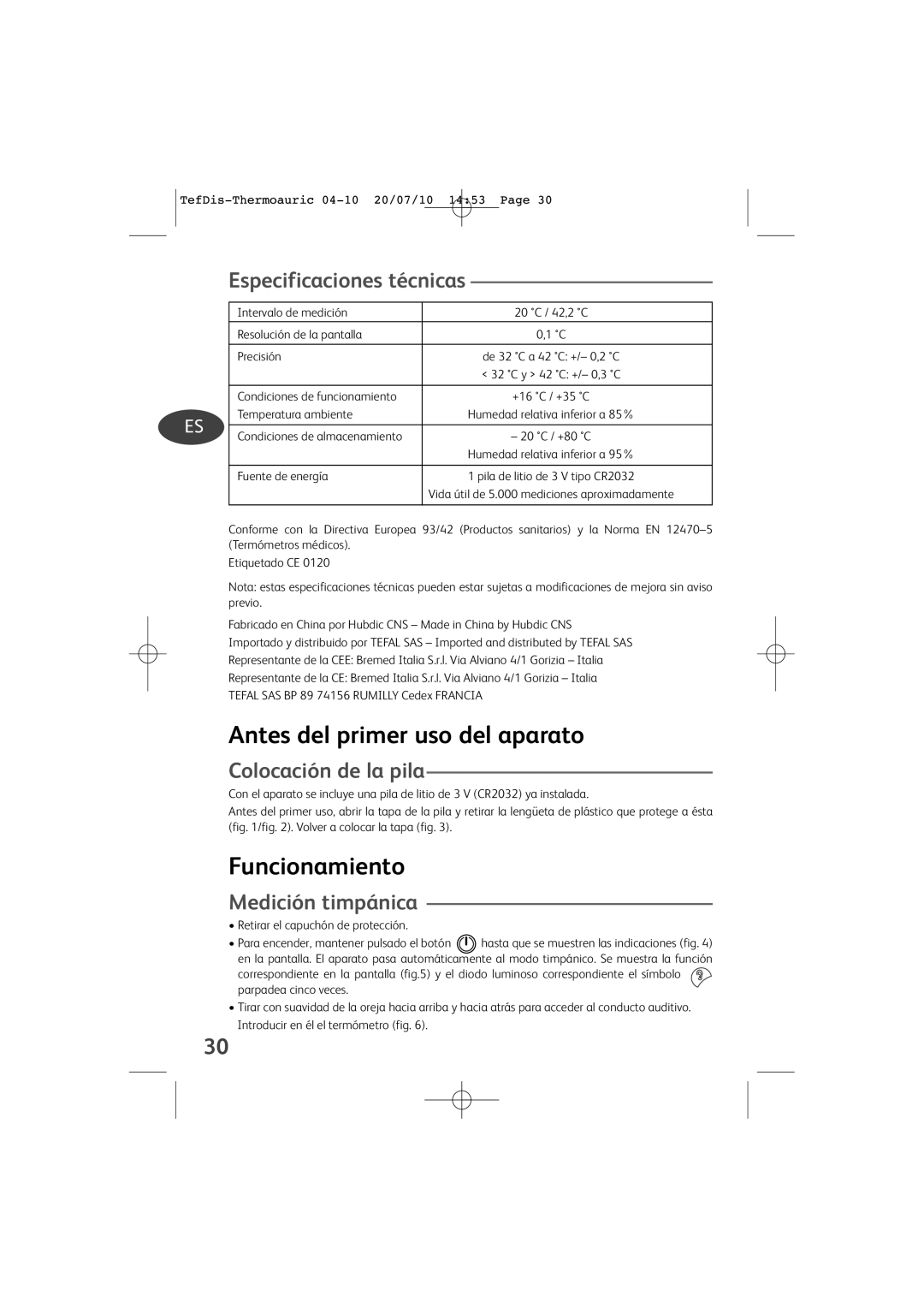 Tefal TD1400K0 manual Especificaciones técnicas, Colocación de la pila, Medición timpánica 