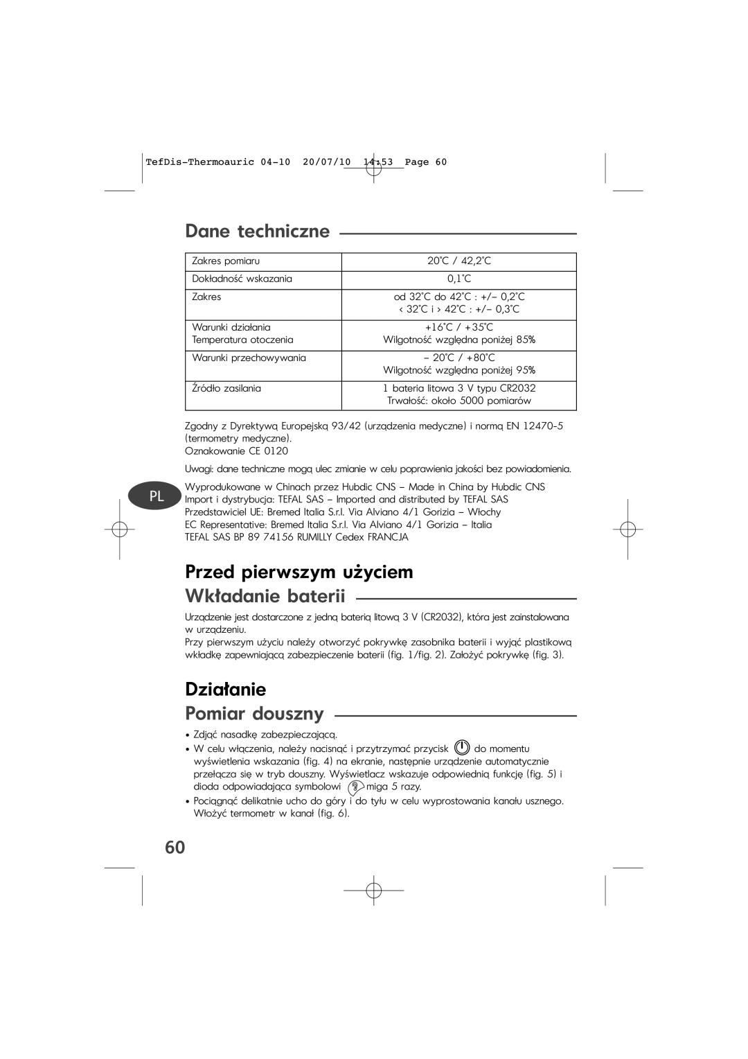 Tefal TD1400K0 manual Dane techniczne, Wkładanie baterii, Pomiar douszny 