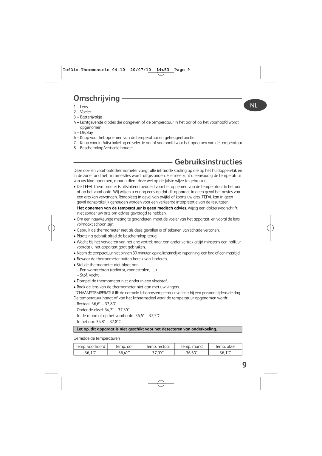 Tefal TD1400K0 Omschrijving, Gebruiksinstructies, Gemiddelde temperaturen, Temp. oor Temp. rectaal Temp. mond Temp. oksel 