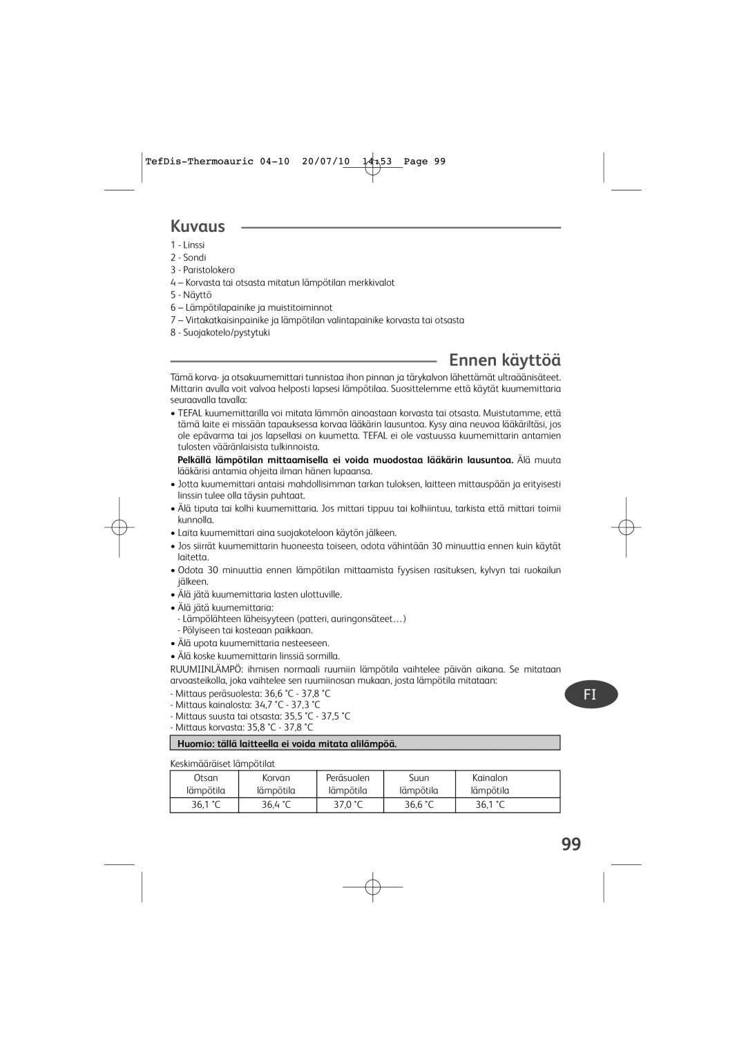 Tefal TD1400K0 manual Kuvaus, Ennen käyttöä 