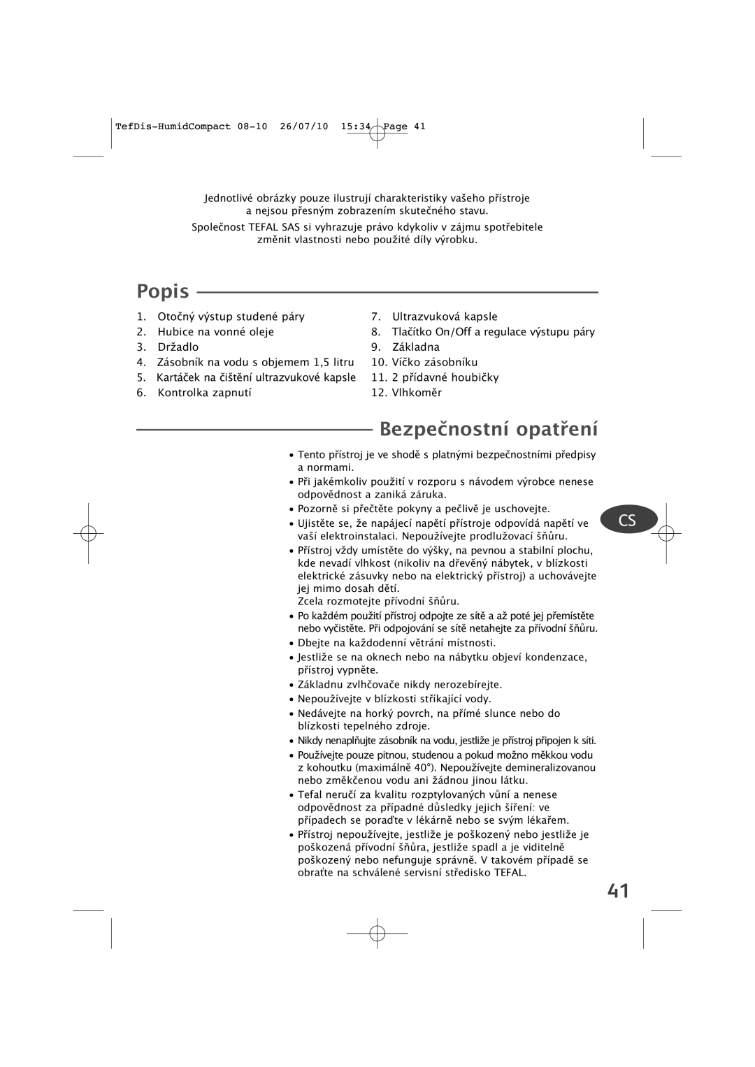 Tefal TD3000K0 manual Popis, Bezpečnostní opatření 