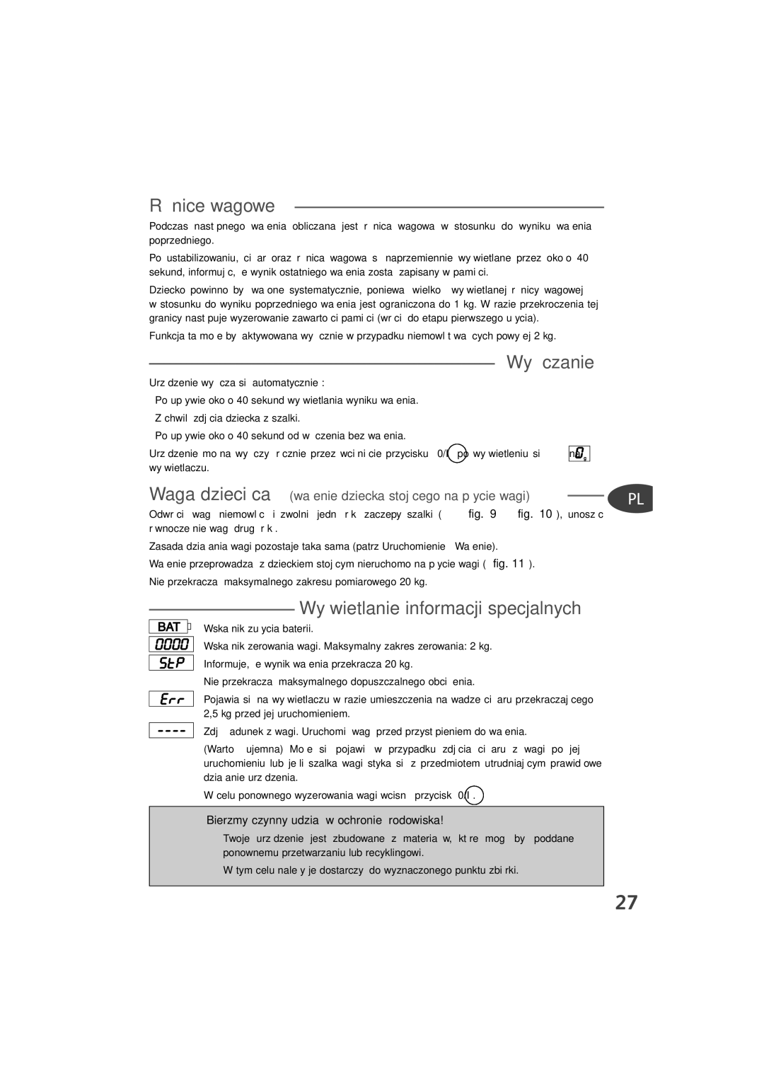 Tefal TD4000K0 manual Różnice wagowe, Wyłączanie, Wyświetlanie informacji specjalnych 