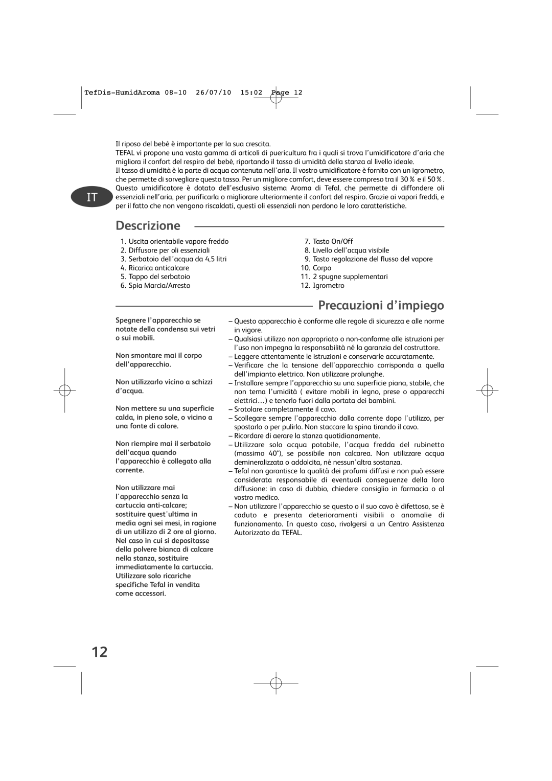 Tefal TD4100K0 manual Descrizione, Precauzioni d’impiego 