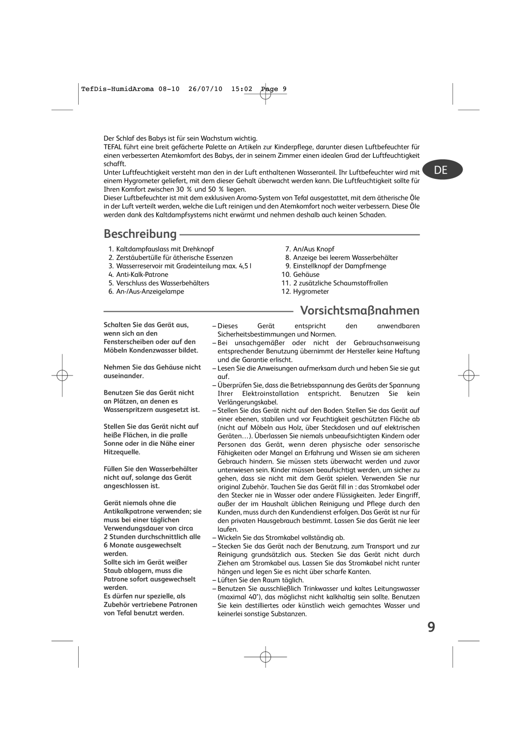 Tefal TD4100K0 manual Beschreibung, An/Aus Knopf, Zerstäubertülle für ätherische Essenzen, Dieses Gerät Entspricht Den 