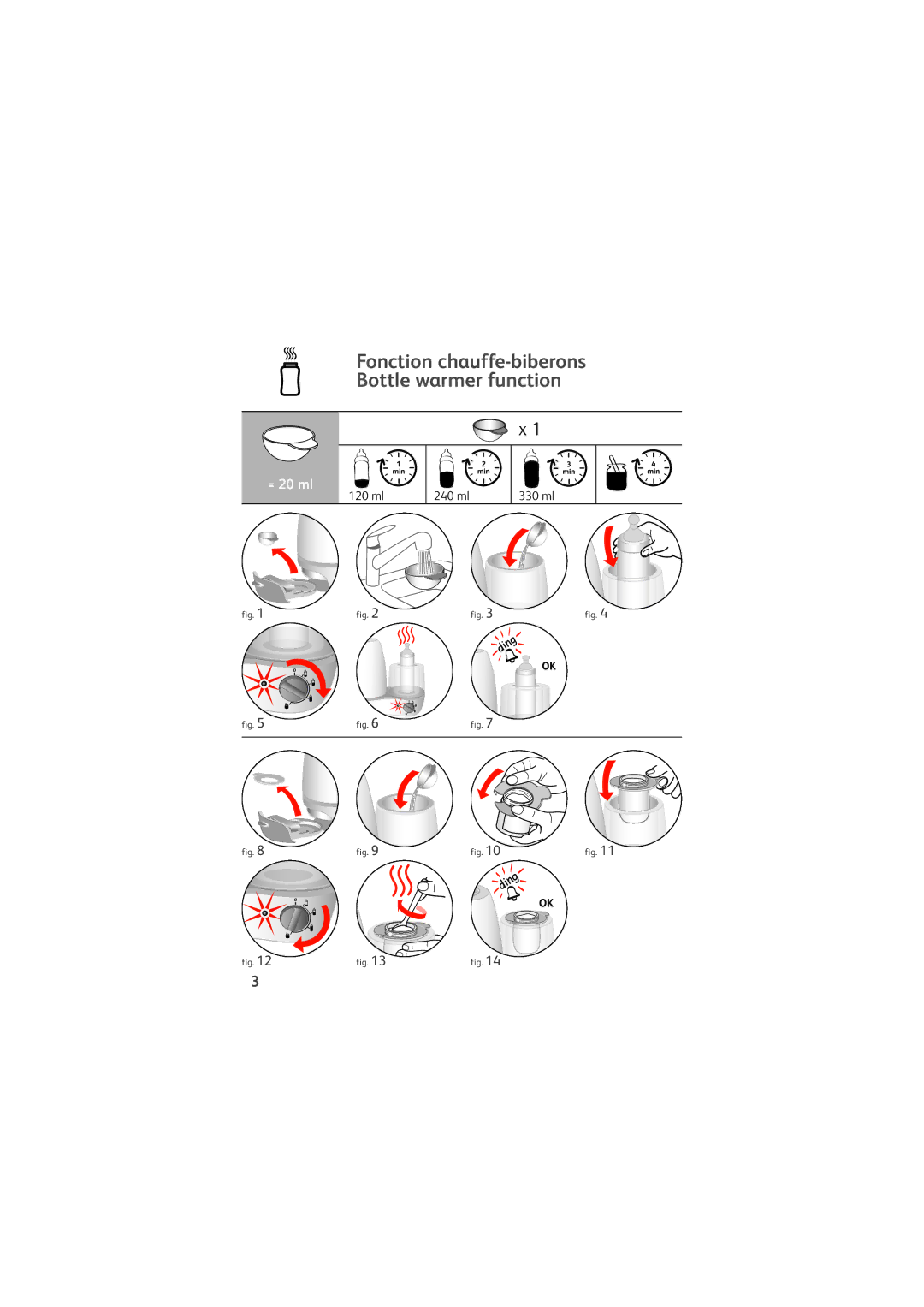 Tefal TD4200K0 manual Fonction chauffe-biberons Bottle warmer function, 240 ml 330 ml 120 ml 