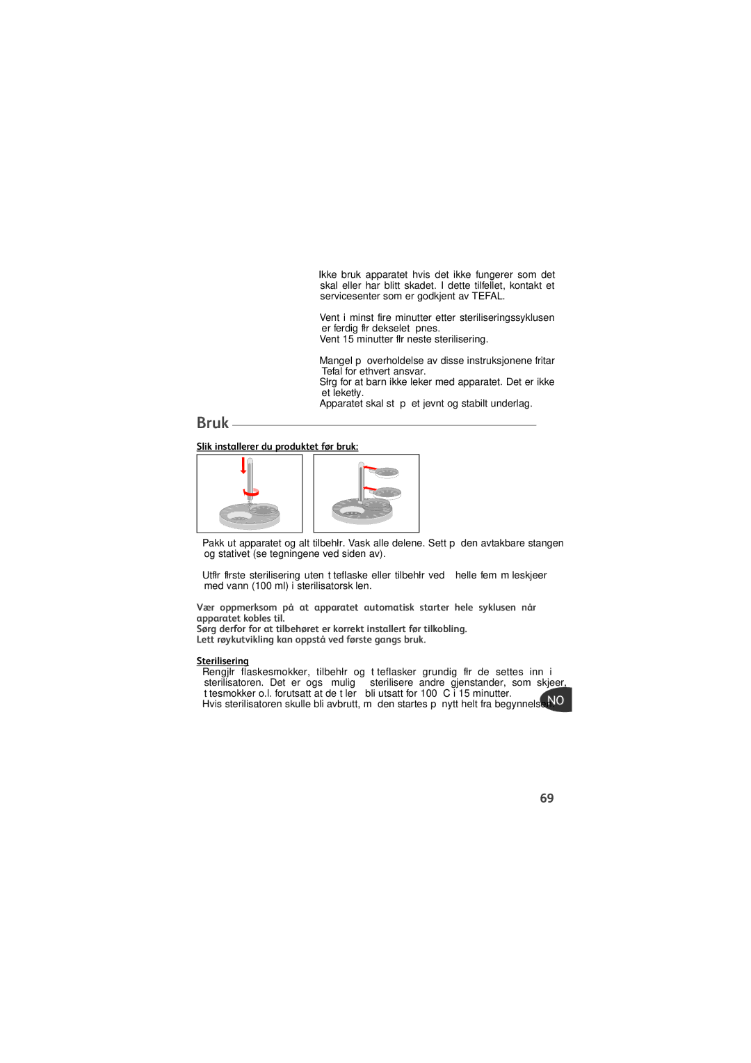 Tefal TD4200K0 manual Bruk, Slik installerer du produktet før bruk, Sterilisering 