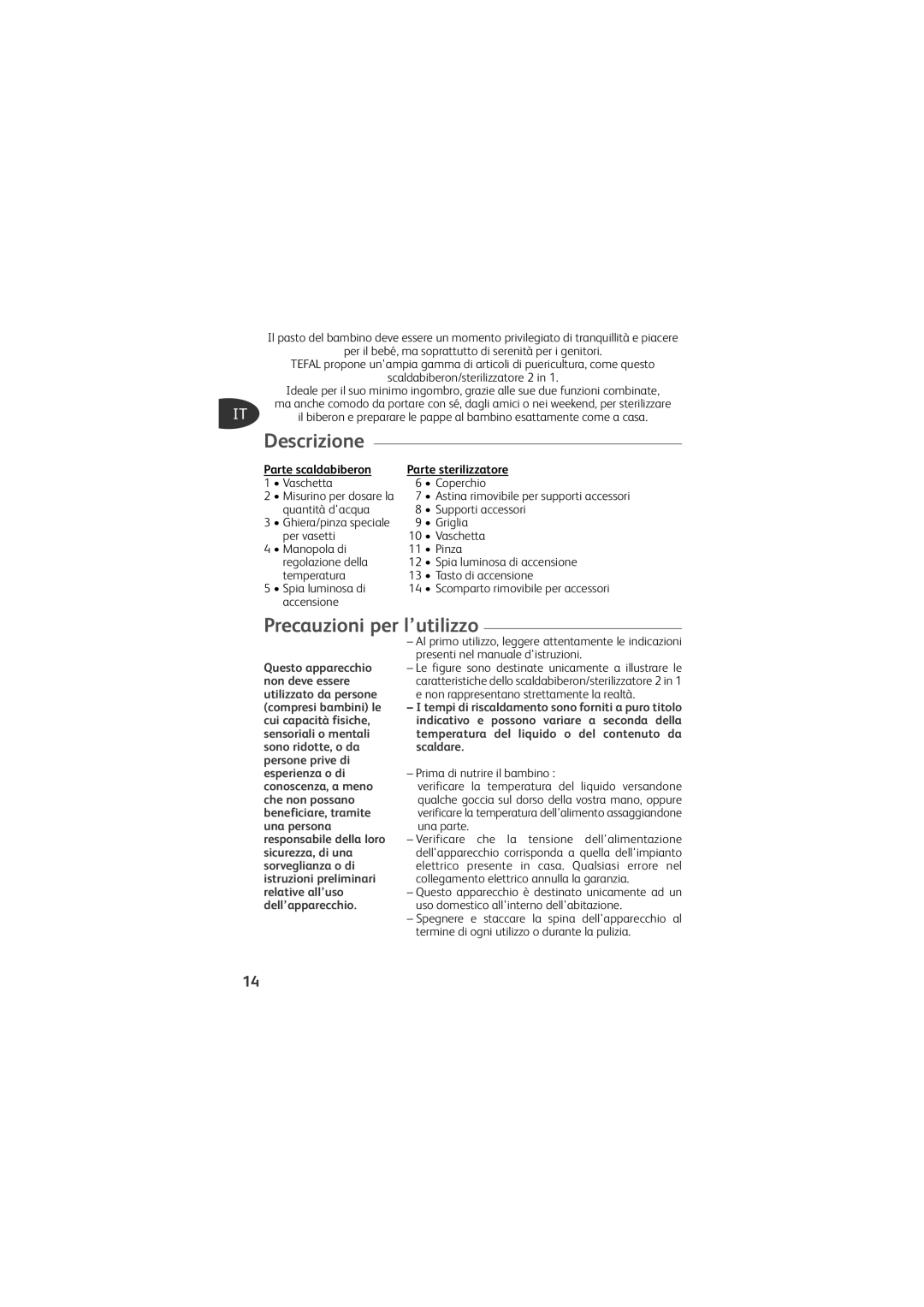 Tefal TD4200K0 manual Descrizione, Precauzioni per l’utilizzo, Parte scaldabiberon, Parte sterilizzatore 