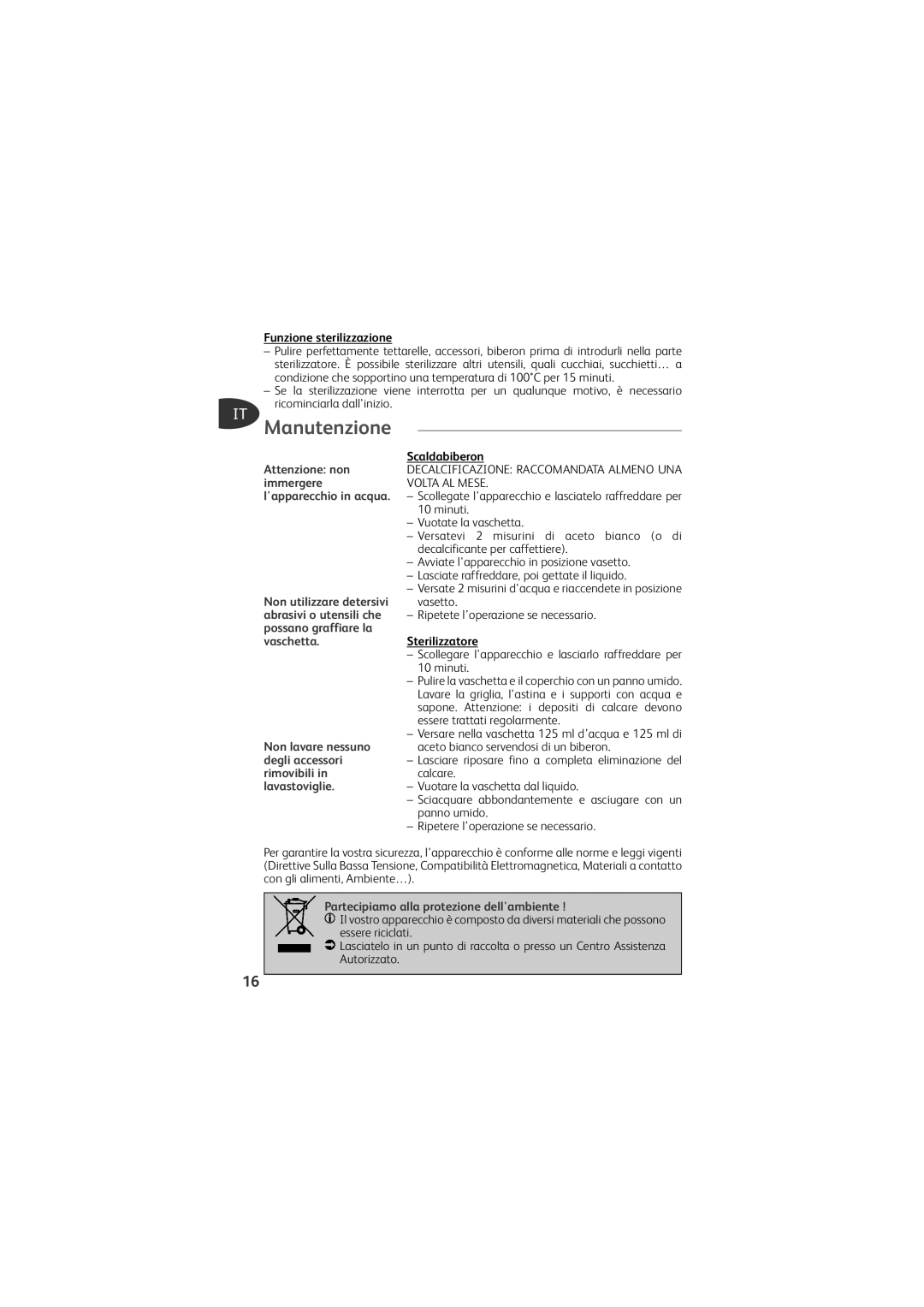Tefal TD4200K0 manual Manutenzione, Funzione sterilizzazione, Scaldabiberon, Sterilizzatore 