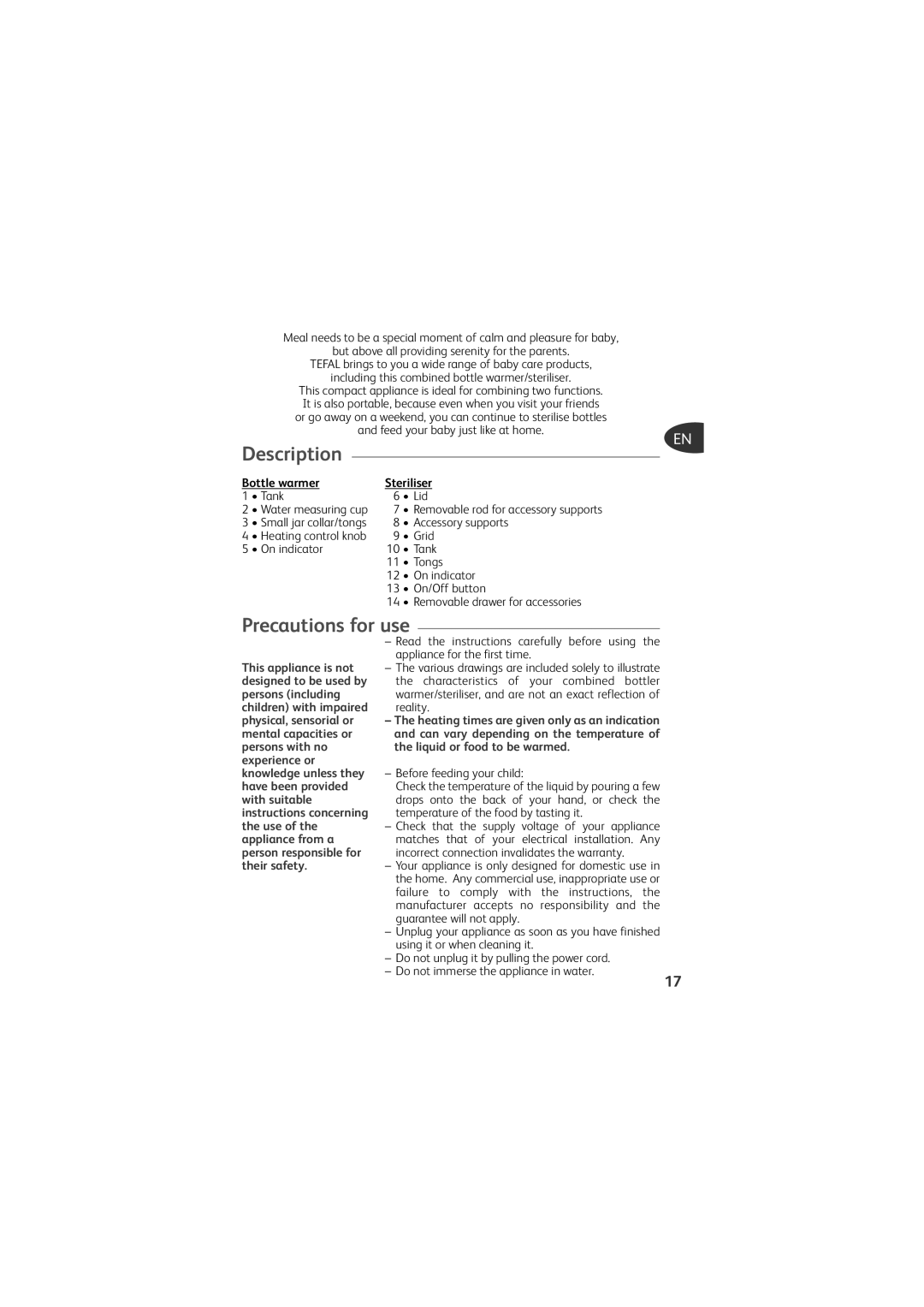 Tefal TD4200K0 manual Precautions for use, Bottle warmer, Steriliser, Description 