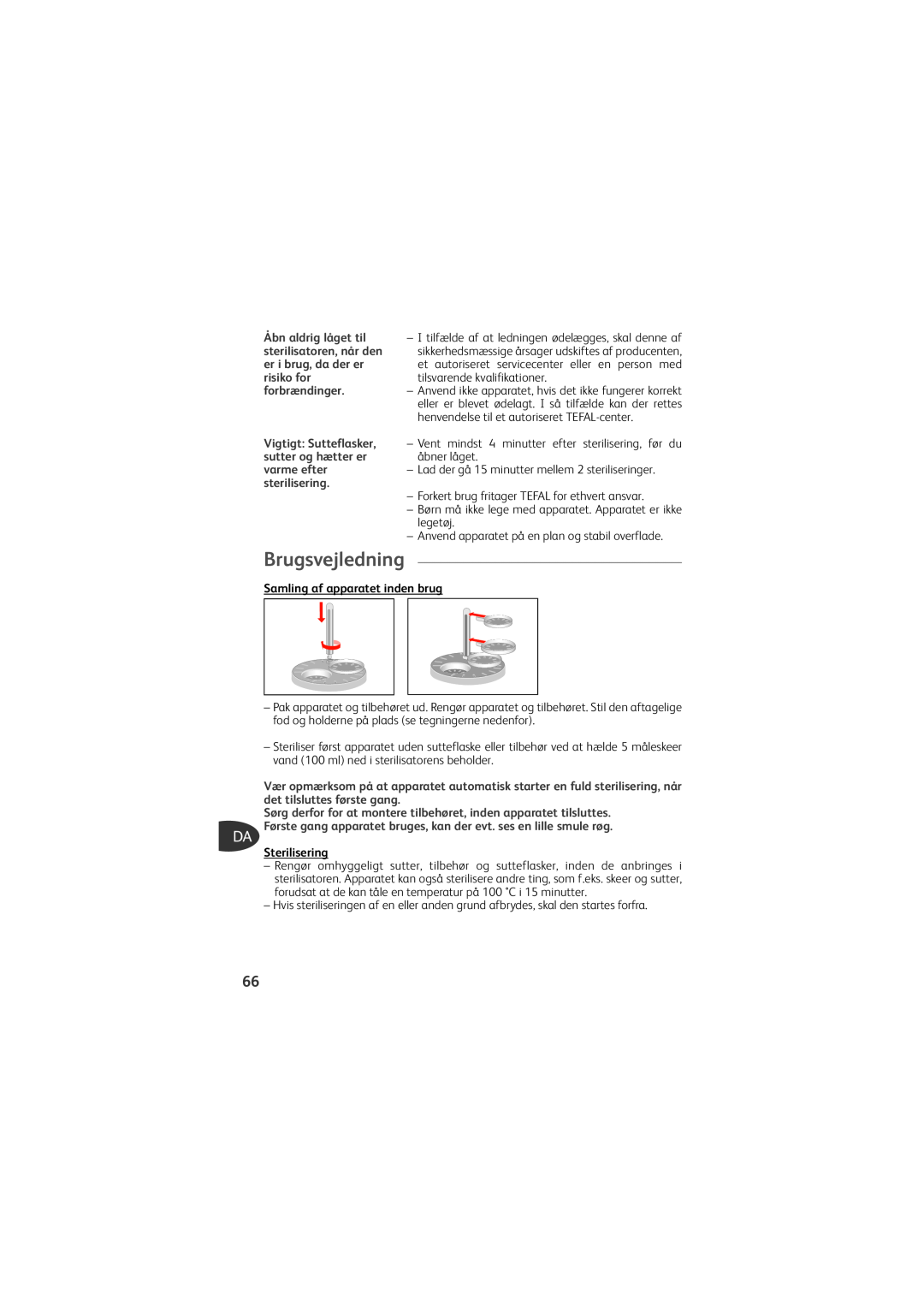 Tefal TD4200K0 manual Brugsvejledning, Samling af apparatet inden brug, Sterilisering 