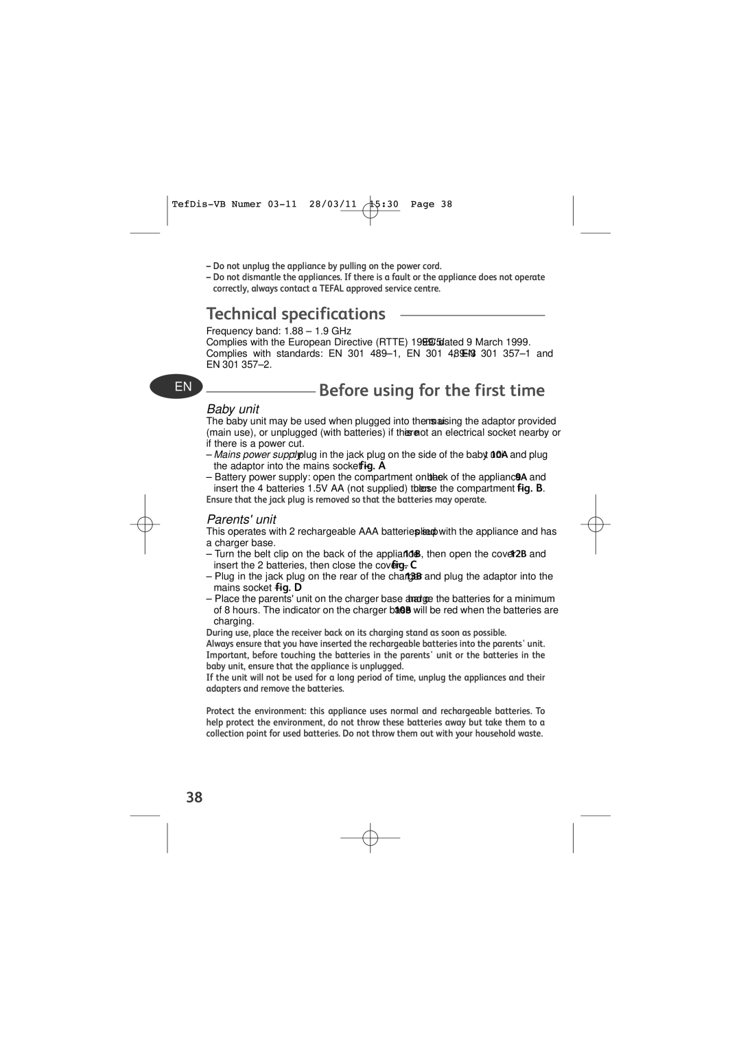 Tefal TD5000K0 manual Technical specifications, Before using for the first time, Charging 