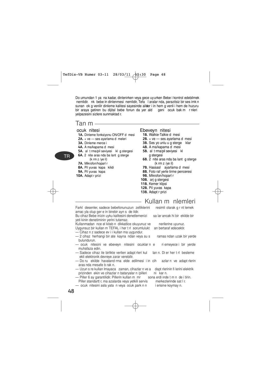 Tefal TD5000K0 manual Tanm, Kullanm önlemleri, Çocuk ünitesi, Ebeveyn ünitesi 