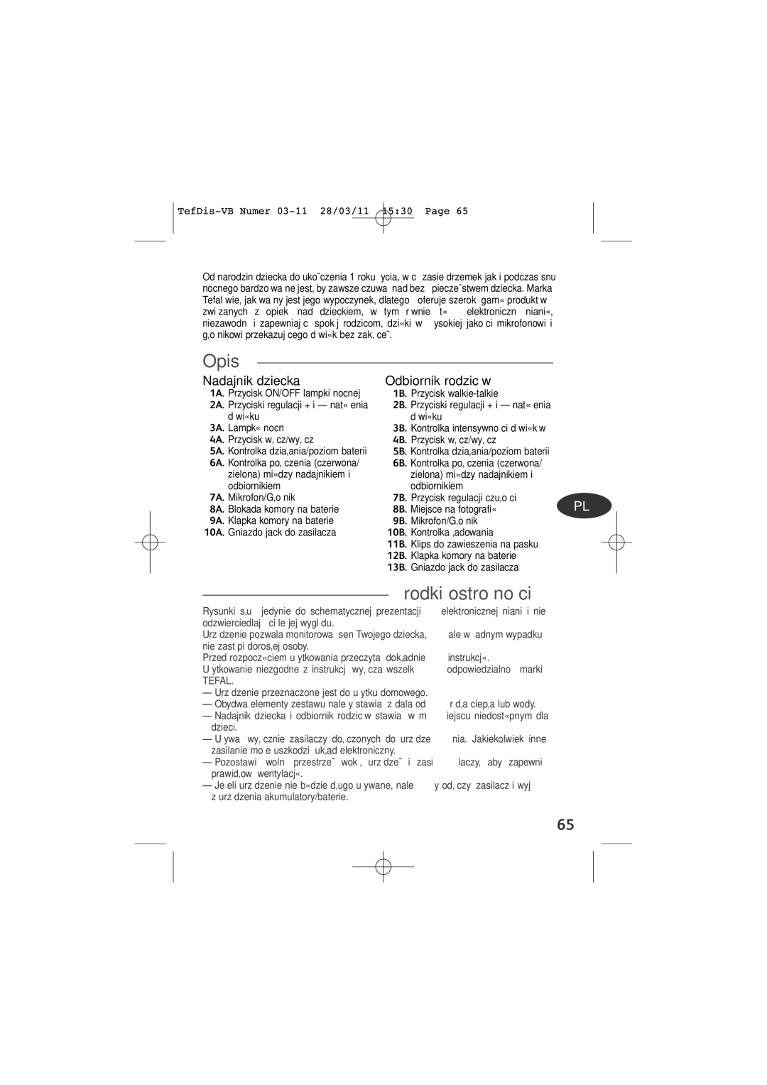 Tefal TD5000K0 manual Opis, Środki ostrożności, Nadajnik dziecka Odbiornik rodziców 