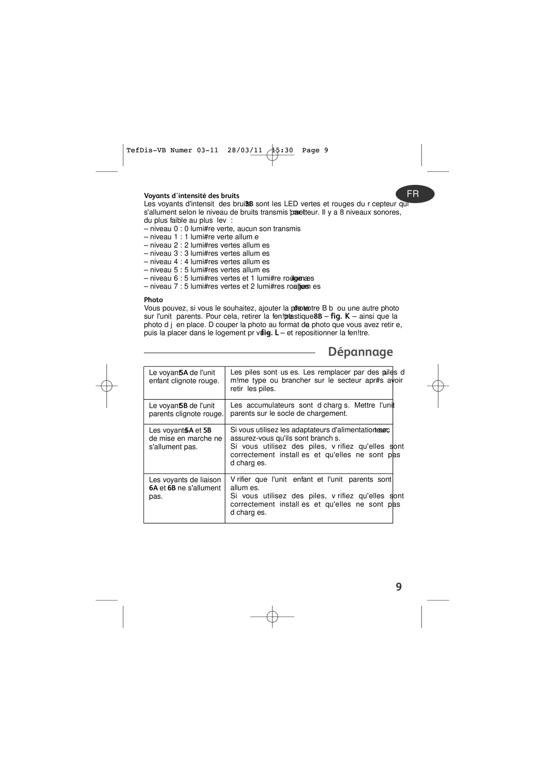 Tefal TD5000K0 manual Dépannage, Voyants dintensité des bruits, Photo 