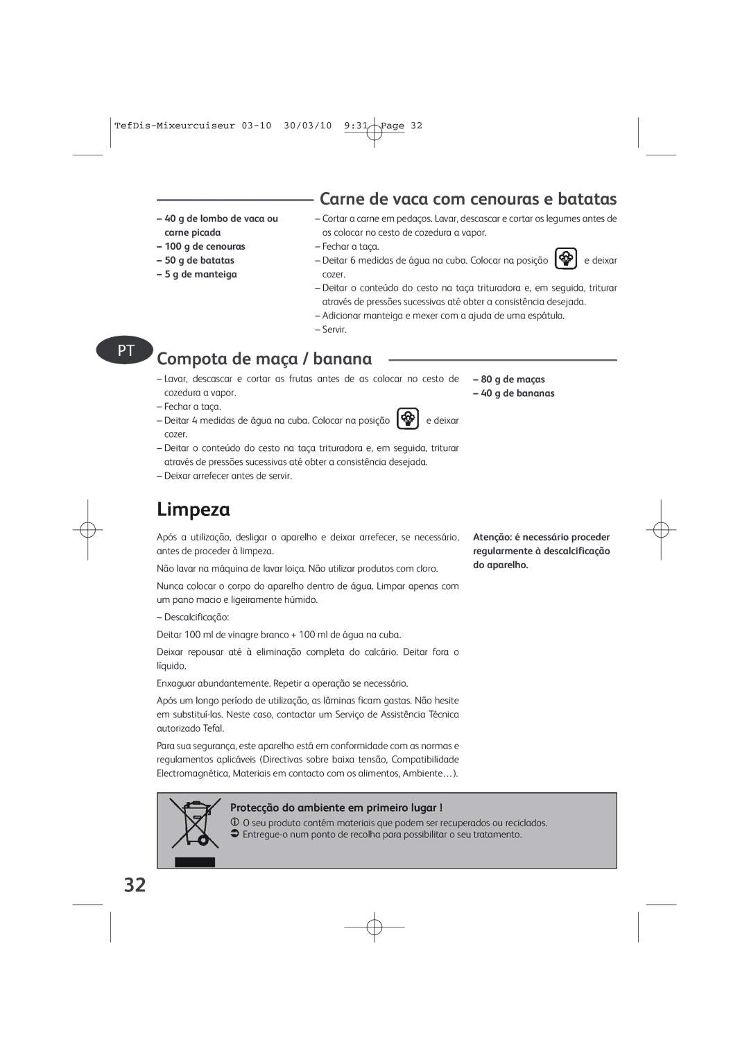 Tefal TD7000K0 manual Carne de vaca com cenouras e batatas, Compota de maça / banana 