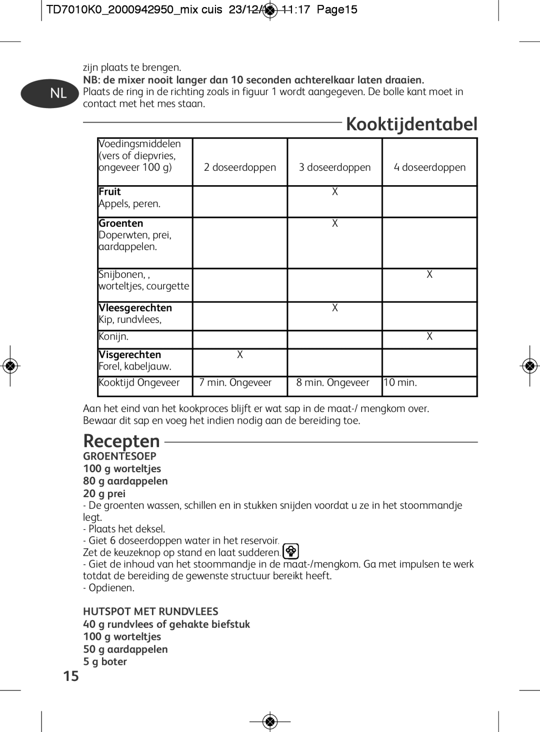 Tefal TD7010Q0 manual Kooktijdentabel, Recepten, TD7010K02000942950mix cuis 23/12/11 1117 Page15 