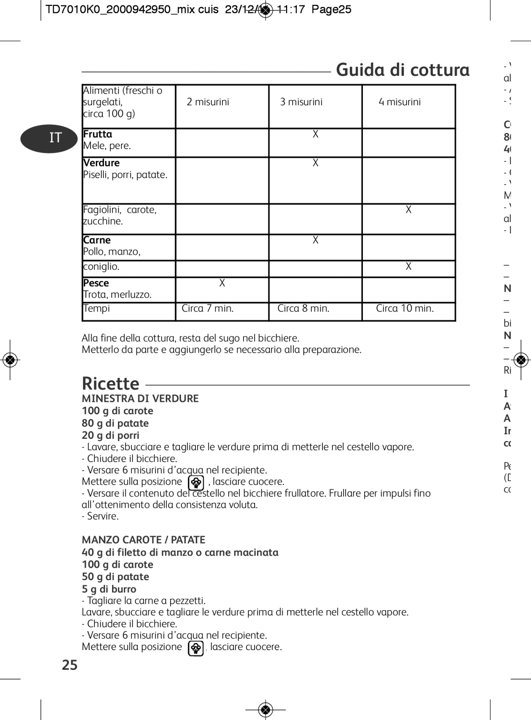 Tefal TD7010Q0 Guida di cottura, Ricette, TD7010K02000942950mix cuis 23/12/11 1117 Page25, Di carote Di patate Di porri 
