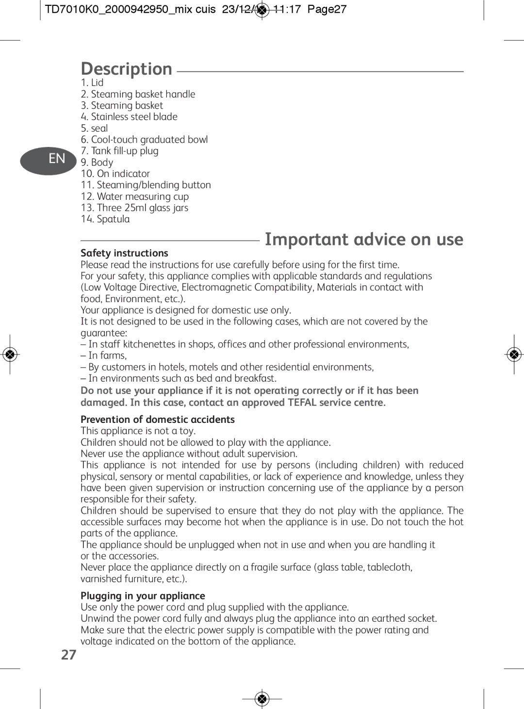 Tefal TD7010Q0 manual Description, Important advice on use, TD7010K02000942950mix cuis 23/12/11 1117 Page27 