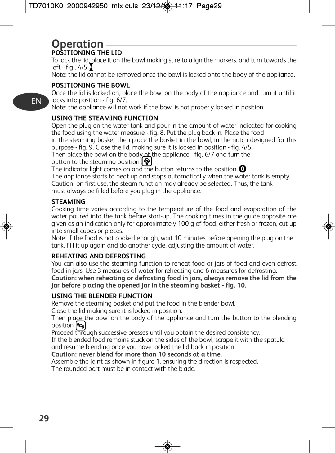 Tefal TD7010Q0 manual Operation, TD7010K02000942950mix cuis 23/12/11 1117 Page29 