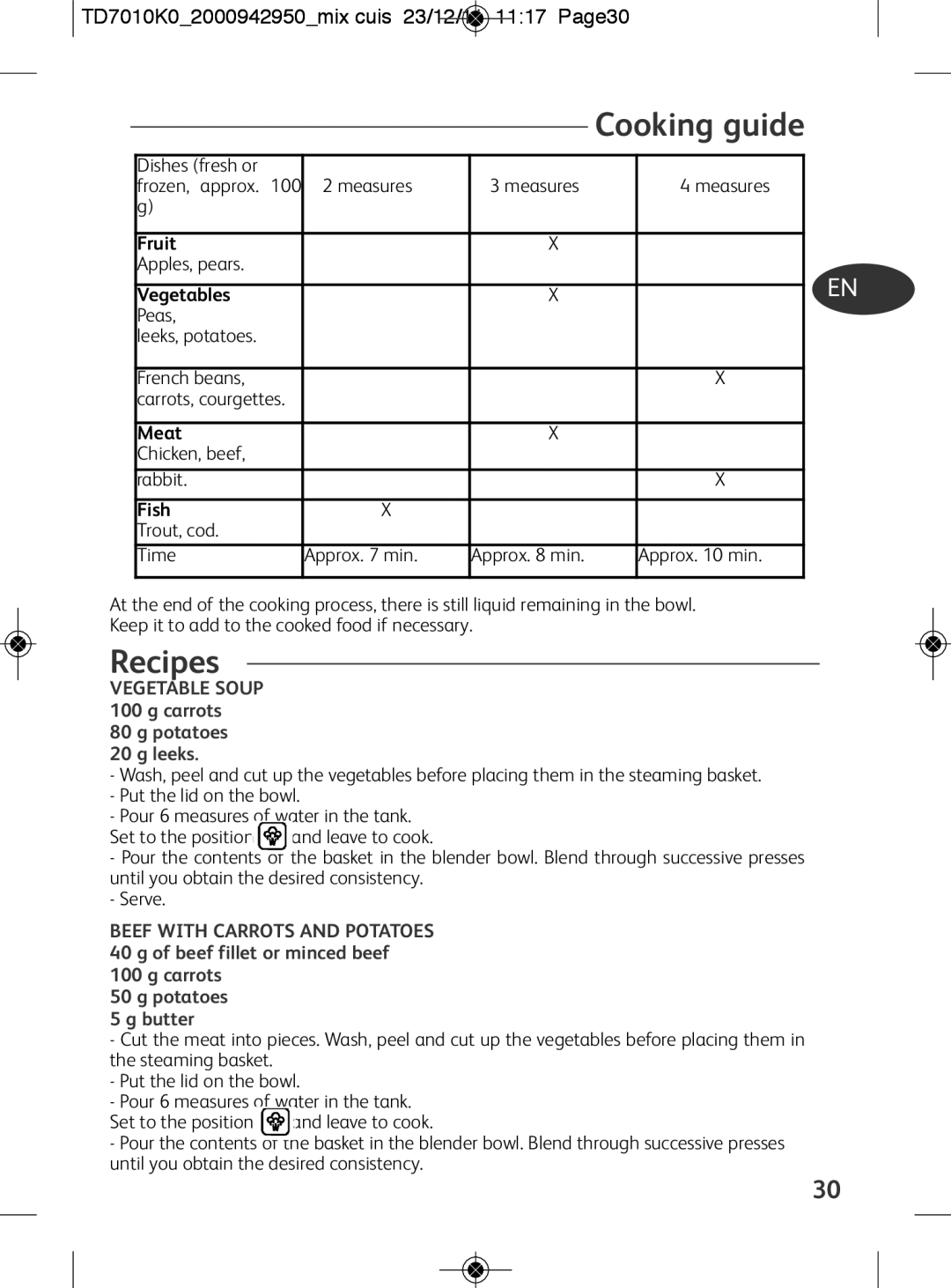 Tefal TD7010Q0 manual Cooking guide, Recipes, TD7010K02000942950mix cuis 23/12/11 1117 Page30, Potatoes Leeks 