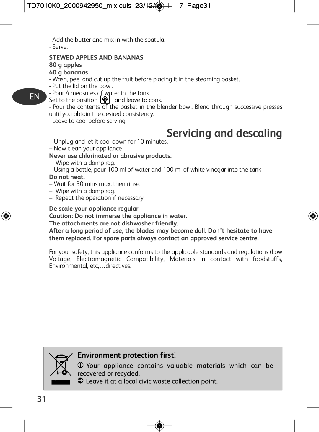 Tefal TD7010Q0 manual Servicing and descaling, TD7010K02000942950mix cuis 23/12/11 1117 Page31, Do not heat 