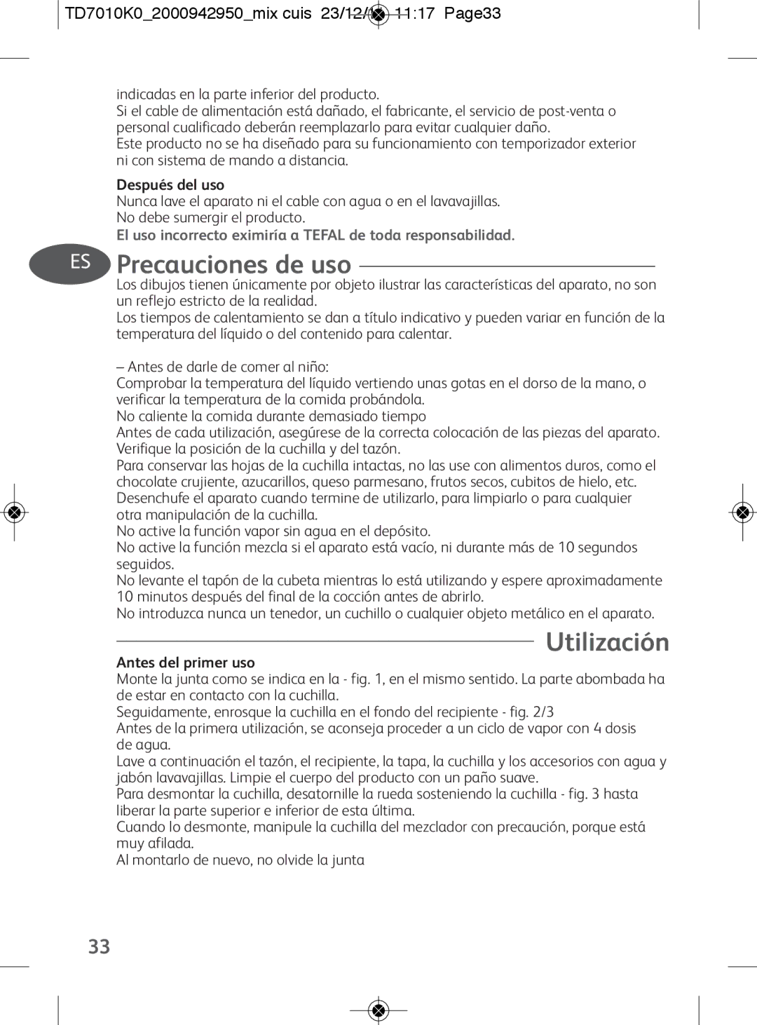 Tefal TD7010Q0 Precauciones de uso, TD7010K02000942950mix cuis 23/12/11 1117 Page33, Después del uso, Antes del primer uso 