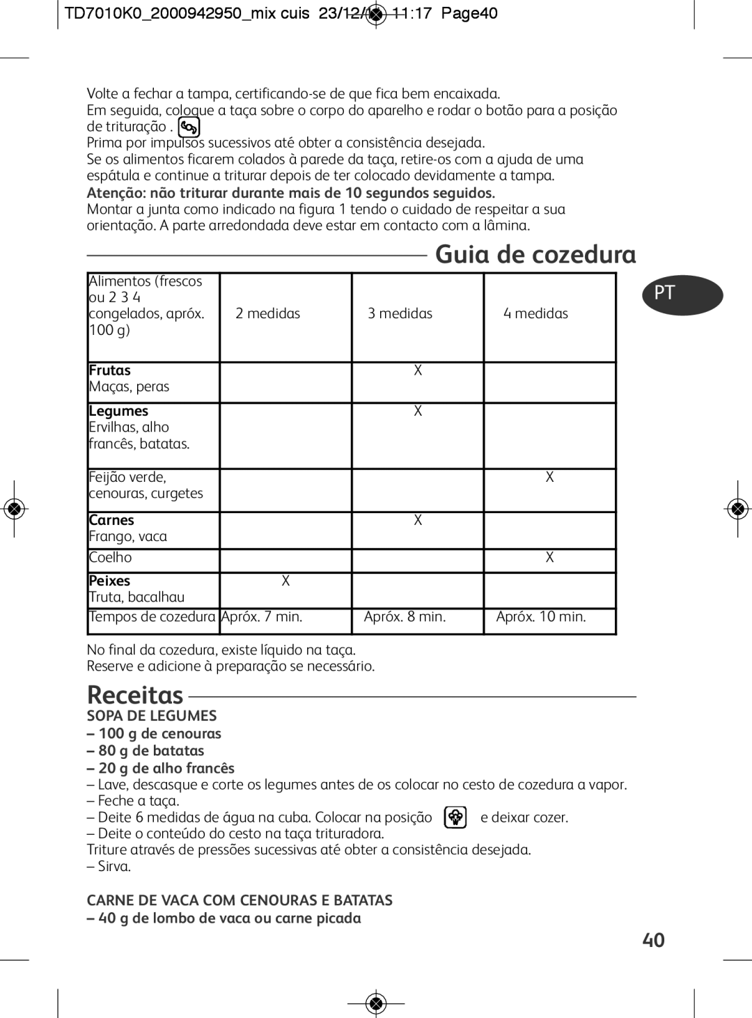 Tefal TD7010Q0 manual Guia de cozedura, Receitas, TD7010K02000942950mix cuis 23/12/11 1117 Page40 