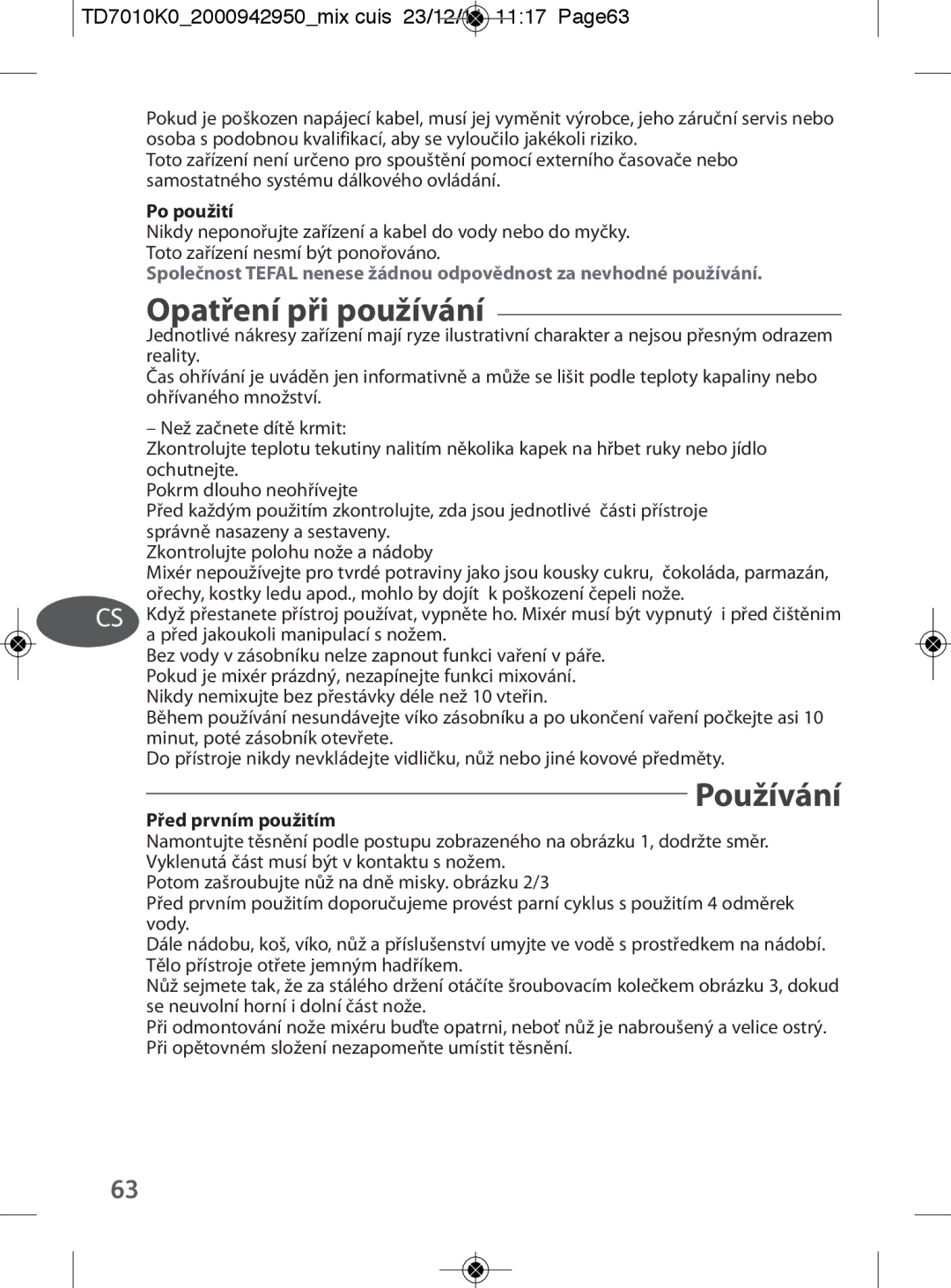 Tefal TD7010Q0 manual Opatření při používání, Používání, TD7010K02000942950mix cuis 23/12/11 1117 Page63, Po použití 