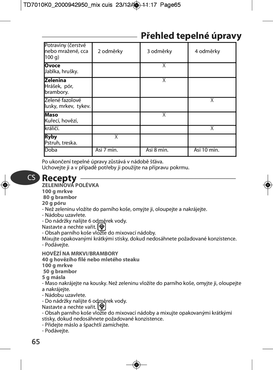 Tefal TD7010Q0 manual Přehled tepelné úpravy, Recepty, TD7010K02000942950mix cuis 23/12/11 1117 Page65, Brambor 20 g póru 